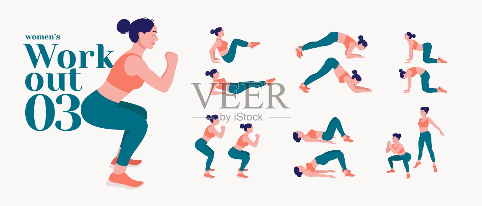 健身的女人。女性健身和瑜伽锻炼。弓步、俯卧撑、深蹲、哑铃、立卧撑、侧平板、仰卧起坐、臀桥、抬腿、俄罗斯扭转、侧仰卧起坐、登山等插画图片素材