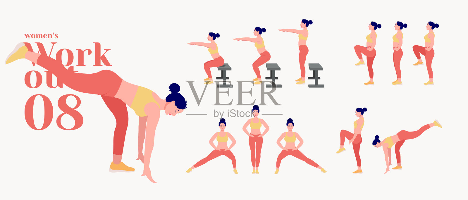 锻炼的女性。女性健身和瑜伽练习。弓步，俯卧撑，下蹲，哑铃划船，立卧撑，侧撑，仰卧起坐，臀大肌桥，抬腿，俄式扭转，侧弯，登山等插画图片素材