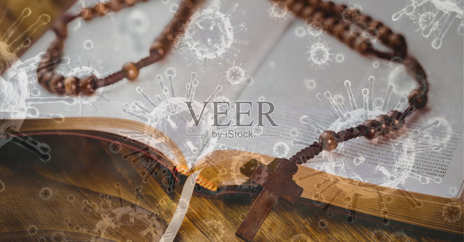 Covid-19细胞对抗圣经上的念珠照片摄影图片