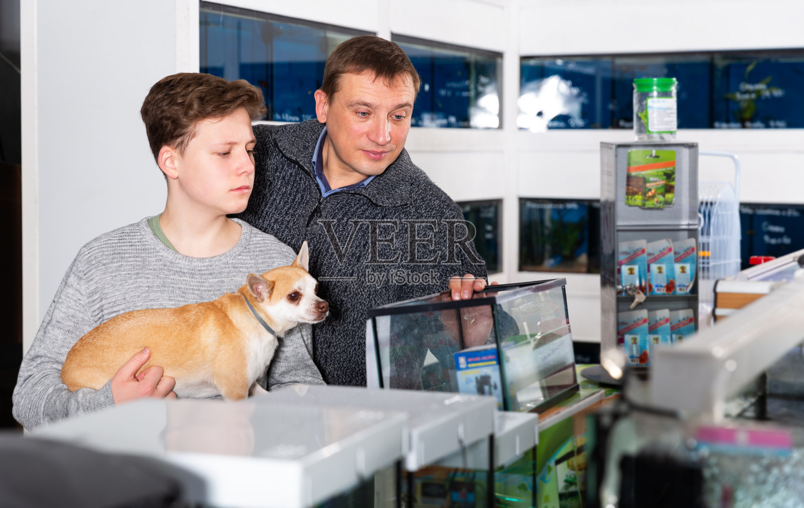 儿子和父亲在宠物店购物照片摄影图片