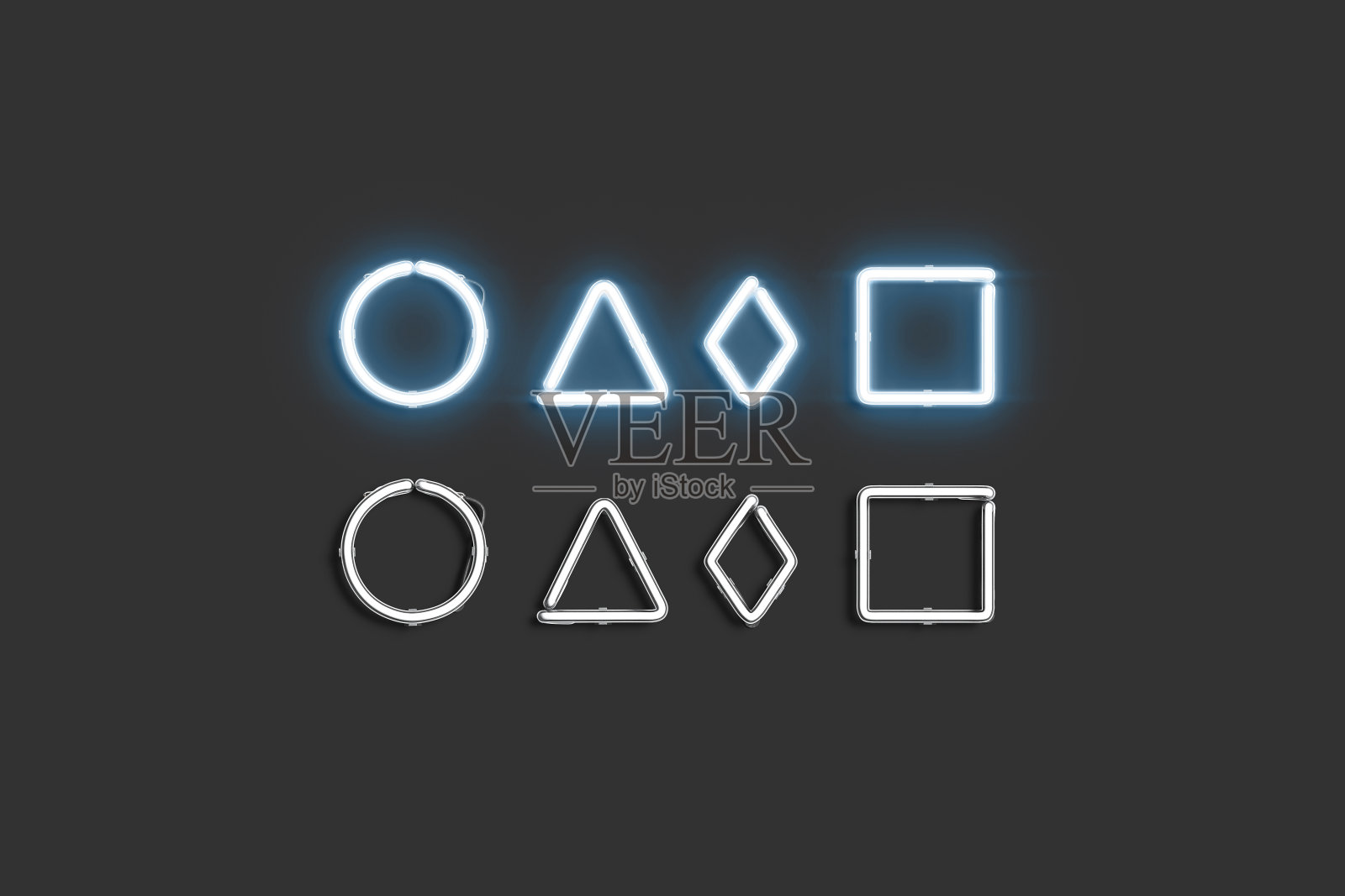 装饰小圆，菱形，三角形和方形霓虹灯符号实物模型插画图片素材