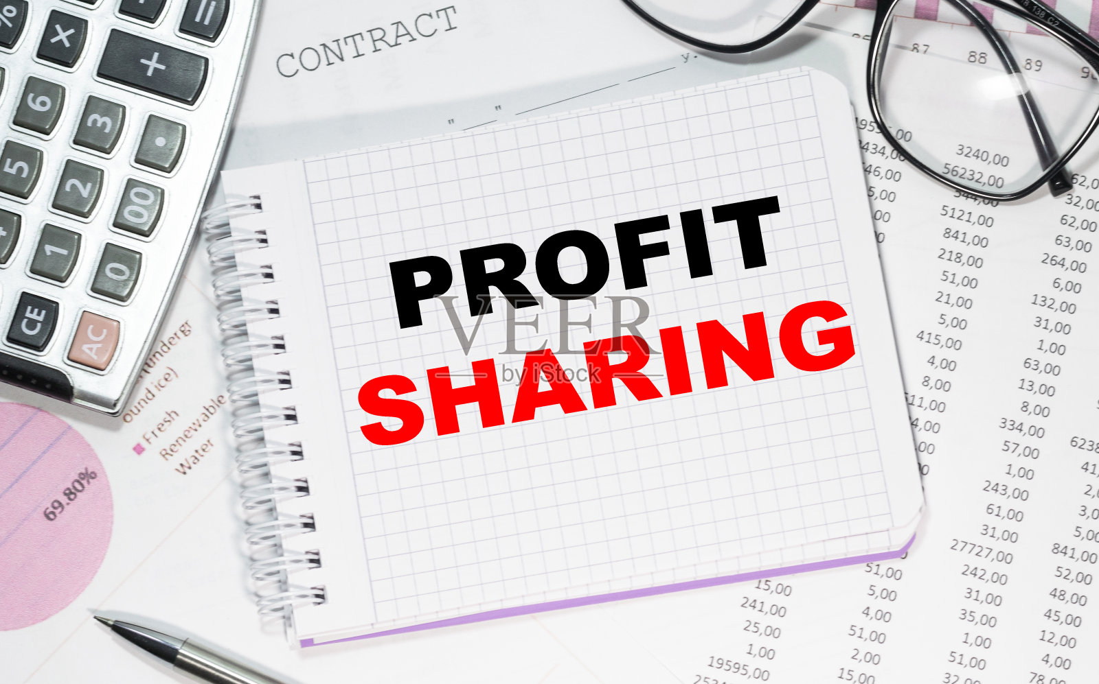 经营理念。笔记本与文本利润分享的白纸为笔记，计算器，眼镜，铅笔，钢笔，在白色的背景照片摄影图片