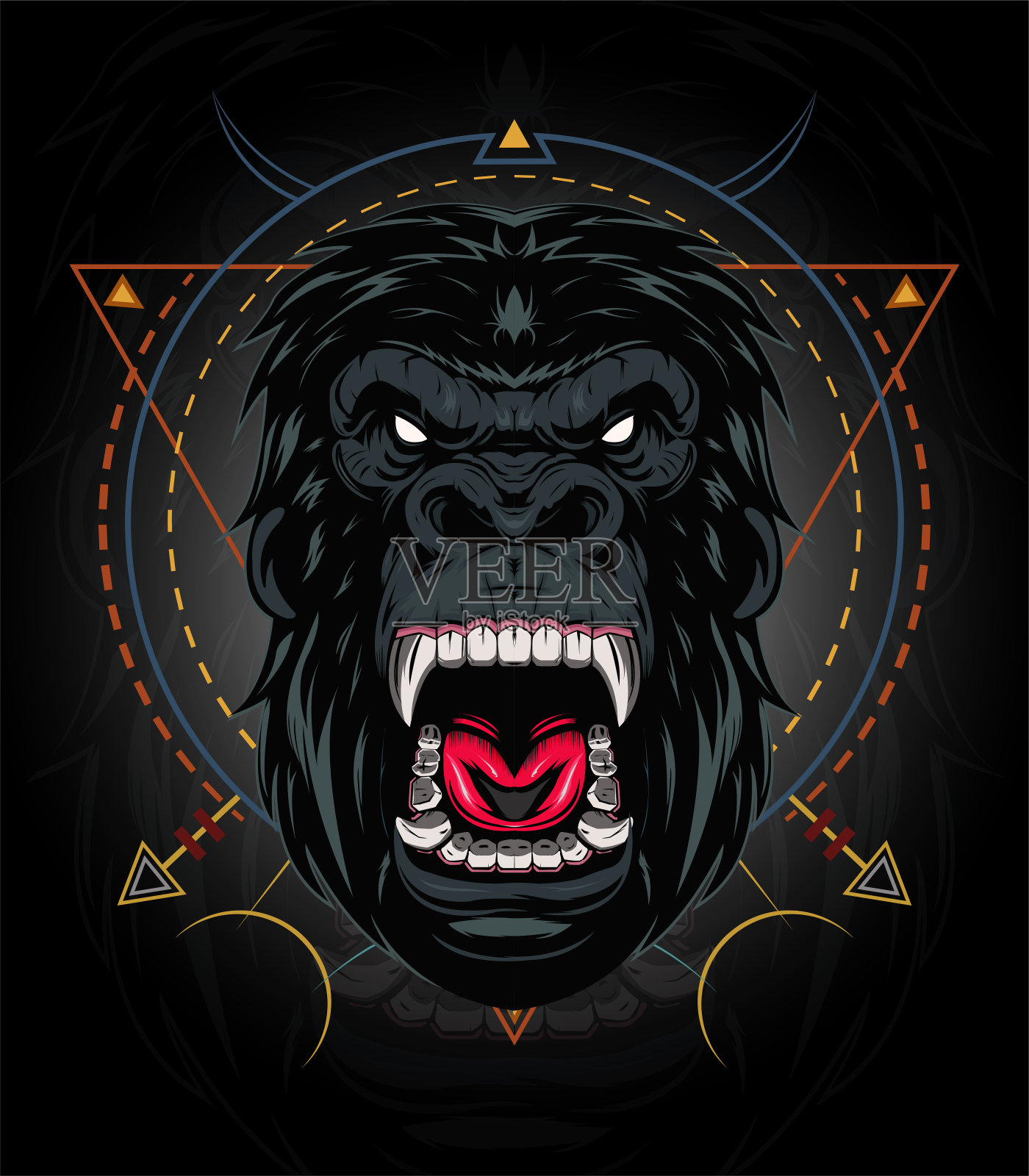 插图中，凶猛的大猩猩头部用神圣的几何图形，向量愤怒的大猩猩脸部在黑色的背景上插画图片素材