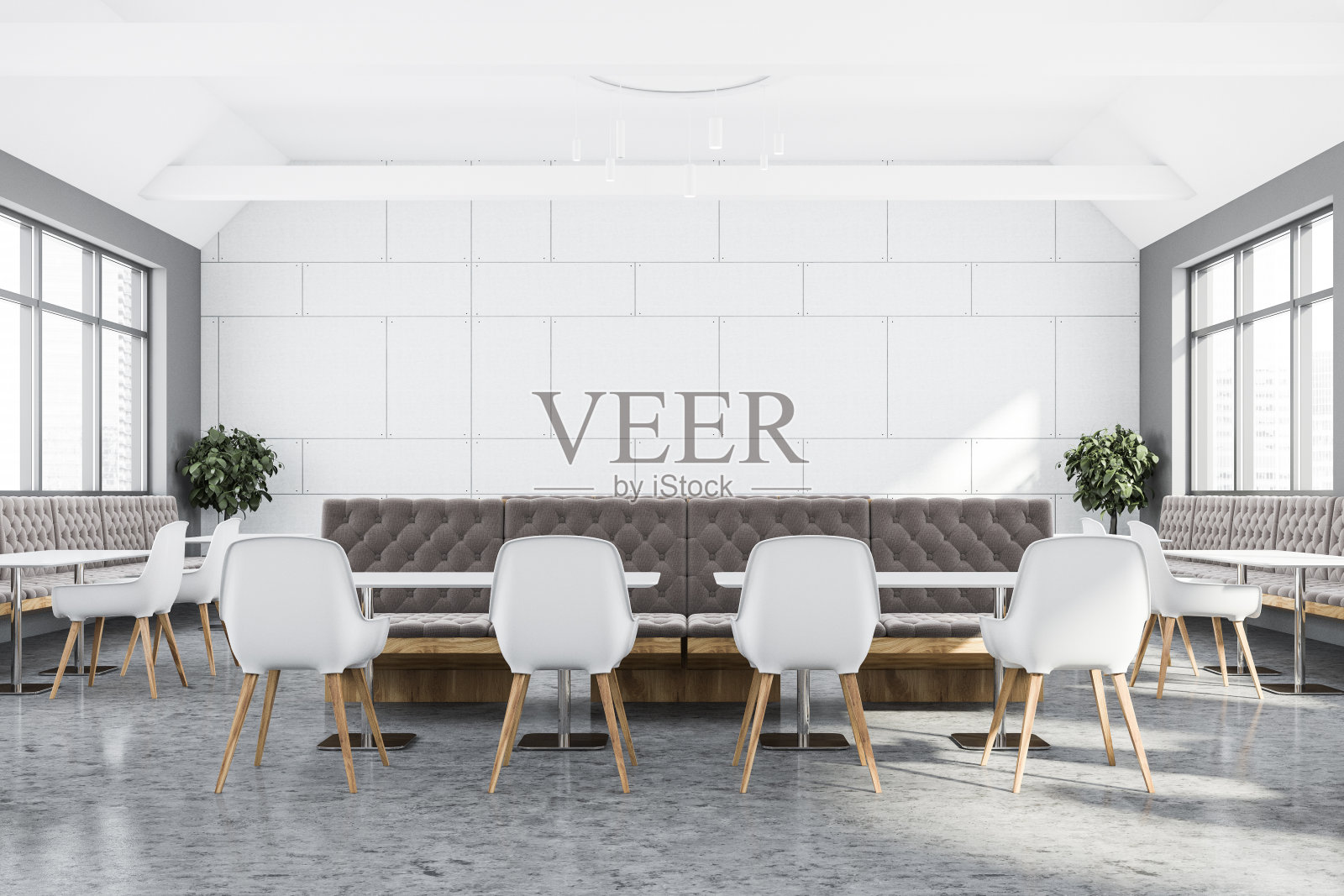 白色和灰色的咖啡馆内饰和沙发照片摄影图片