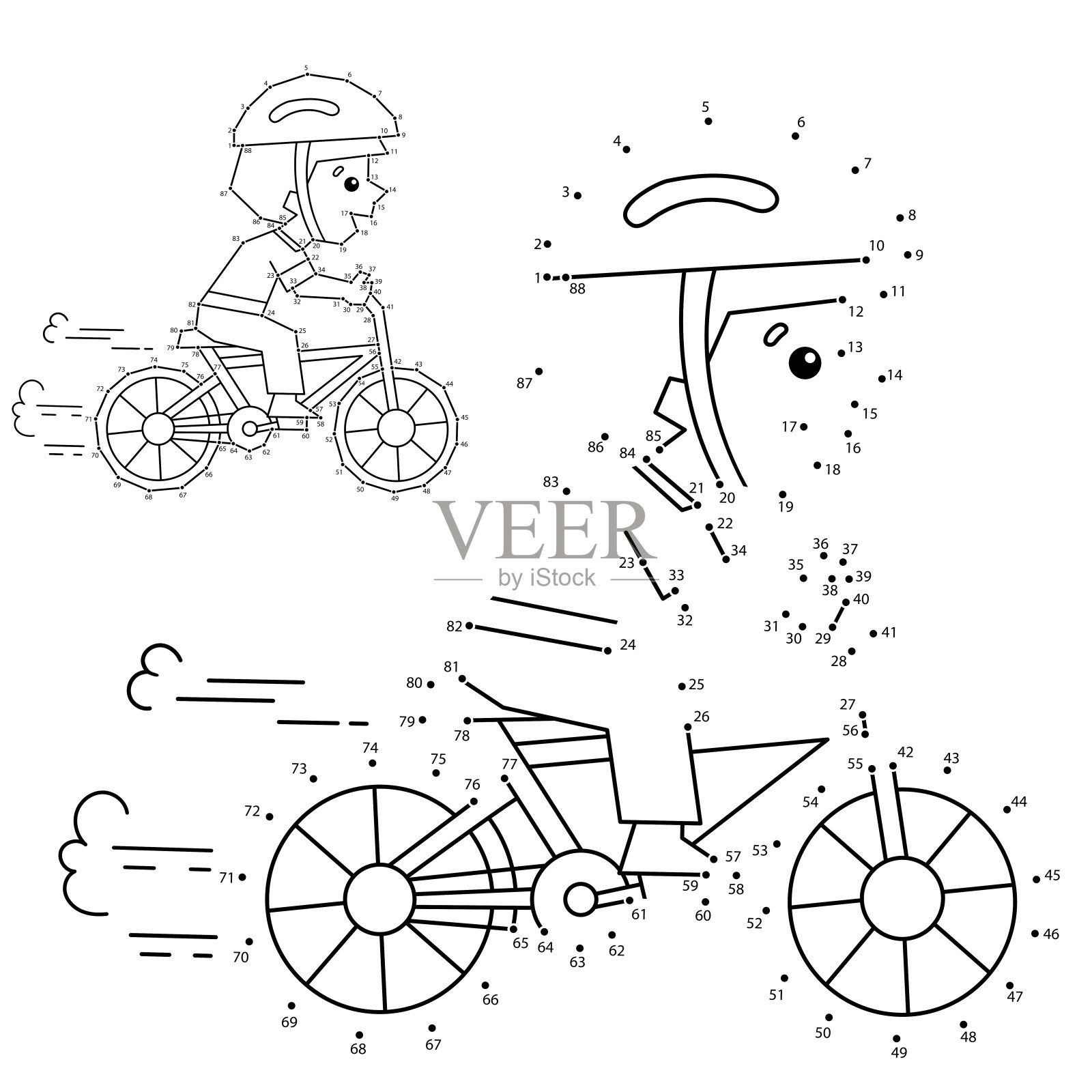 儿童数字游戏。一个骑自行车或自行车的卡通男孩的轮廓。儿童涂色书。设计元素图片