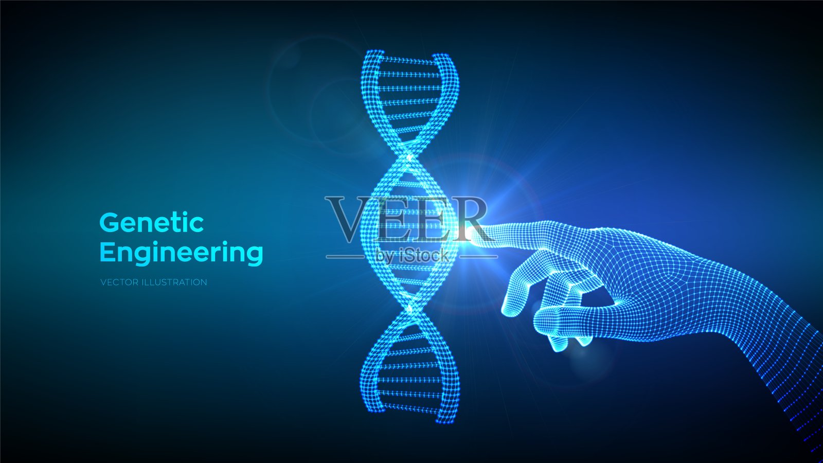 手触摸DNA序列分子结构网。线框DNA代码可编辑模板。基因工程。医学研究。科学技术概念。矢量插图。插画图片素材