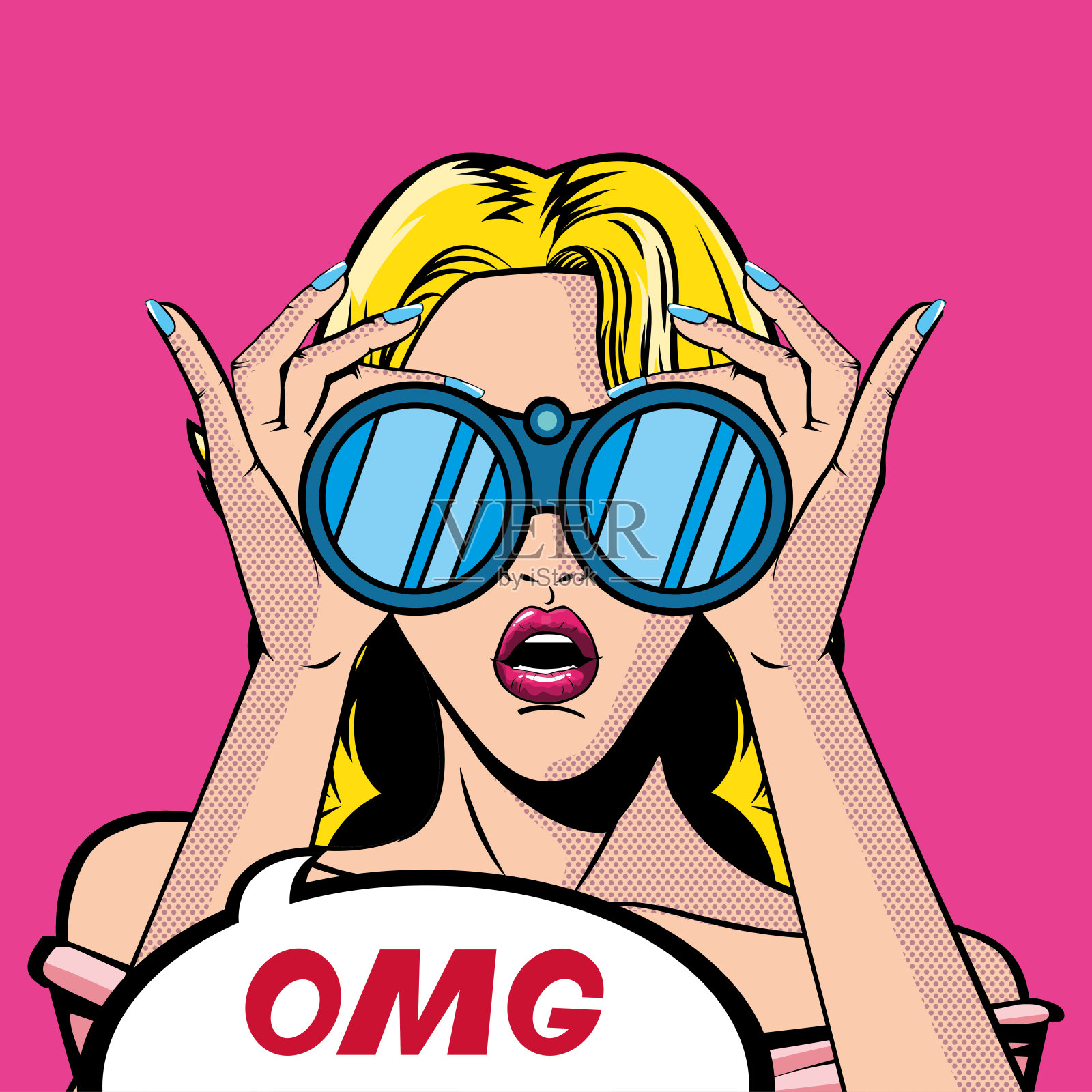 带双筒望远镜的金发卡通女人，还有气泡矢量设计插画图片素材