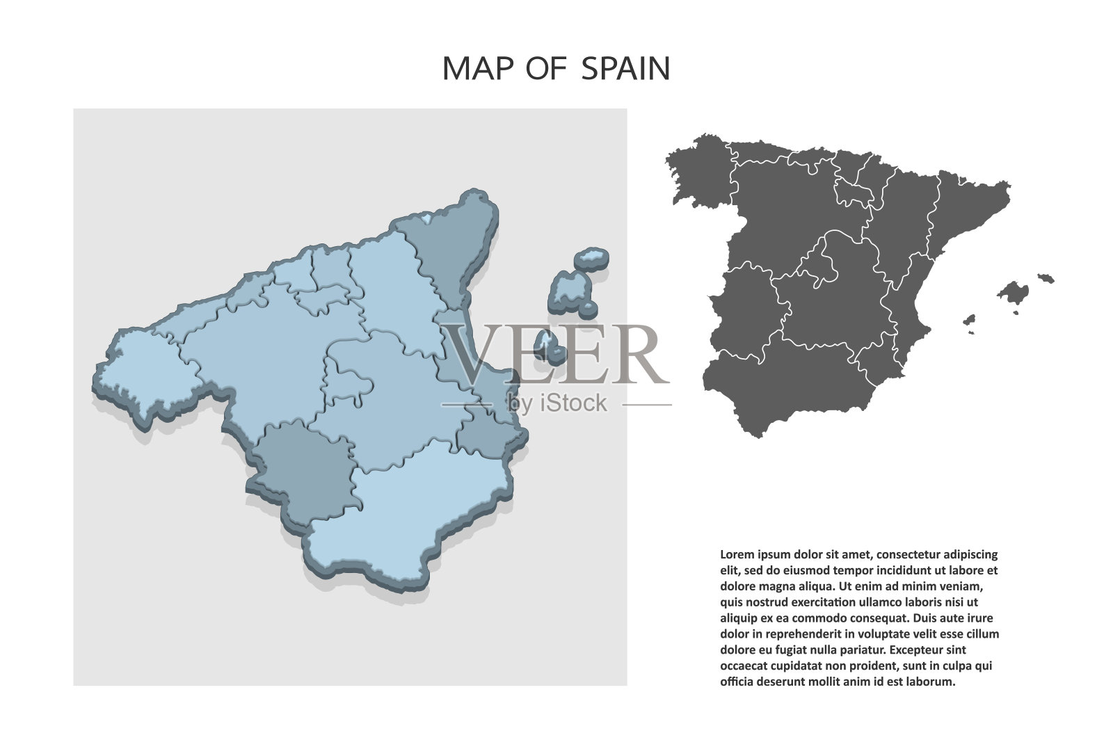 等距3D地图的西班牙与地区。以行政区划和指针为视角的政治国家地图。西班牙的详细地图。信息图表元素的网站，应用程序，用户界面，旅游插画图片素材