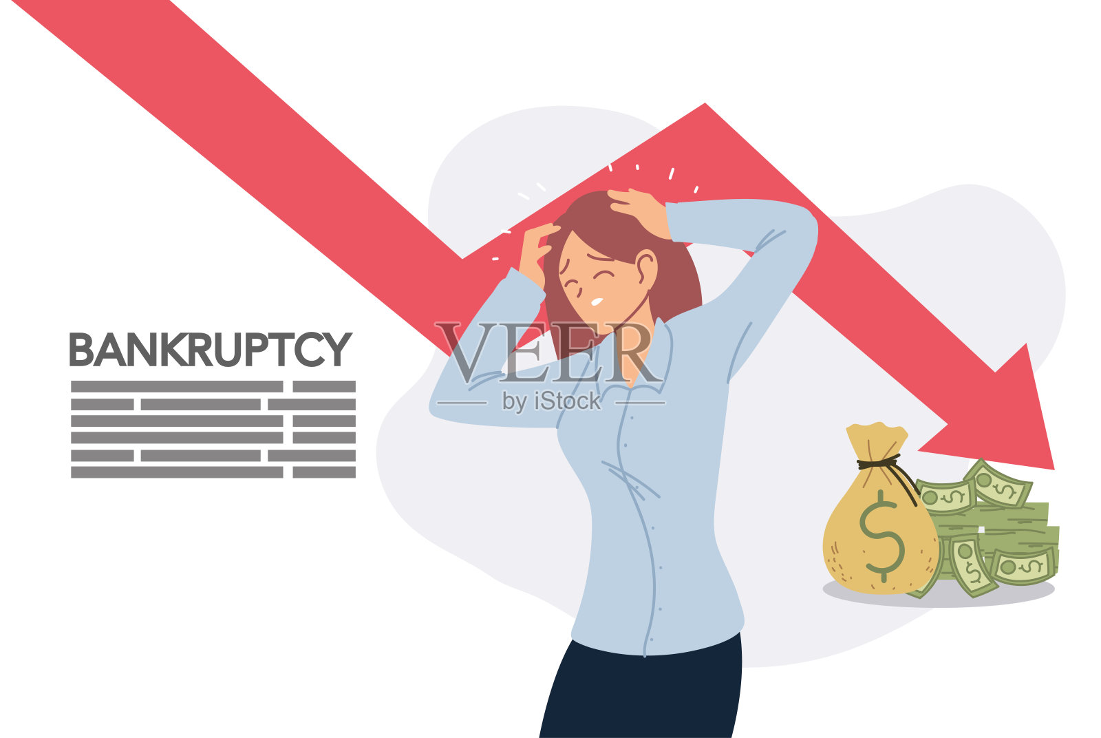 头痛的女商人和下降的箭头及金钱矢量设计插画图片素材