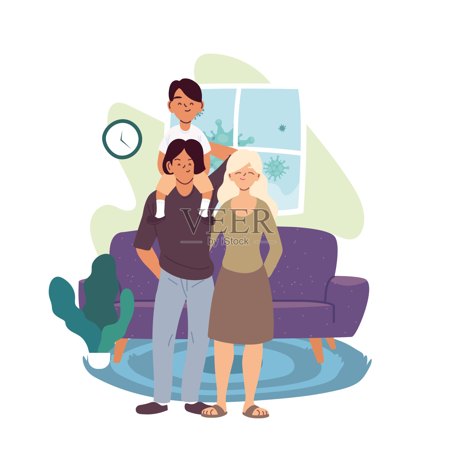 父母和儿子卡通画在家里的房间矢量设计插画图片素材