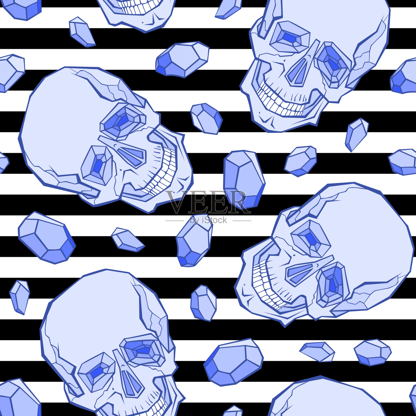 矢量无缝模式与粉红色的头骨和半宝石黑色和白色条纹。用于时尚印花、表面纹理、壁纸、网页背景、留言卡等。插画图片素材