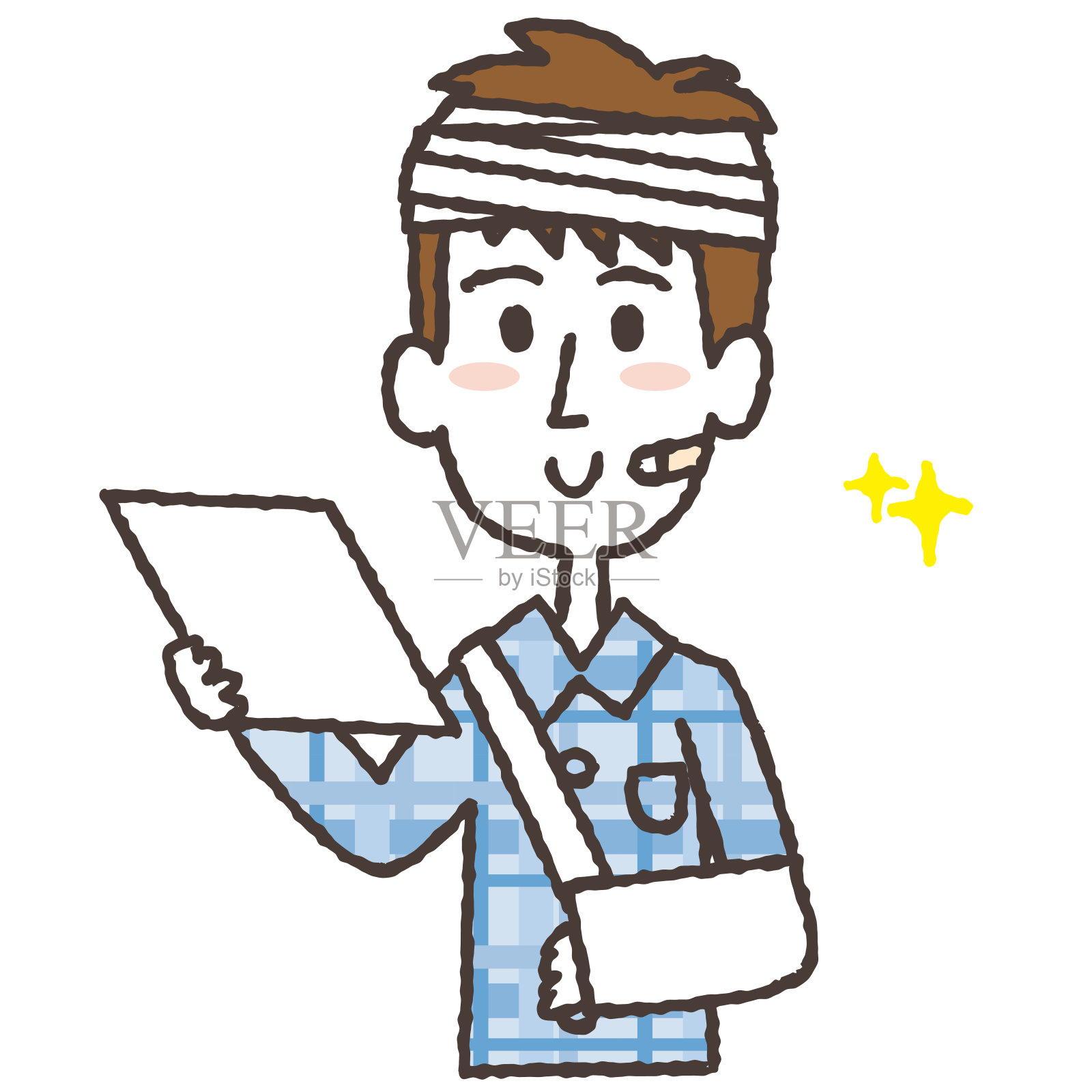 一个微笑的受伤男子拿着文件的插图。插画图片素材