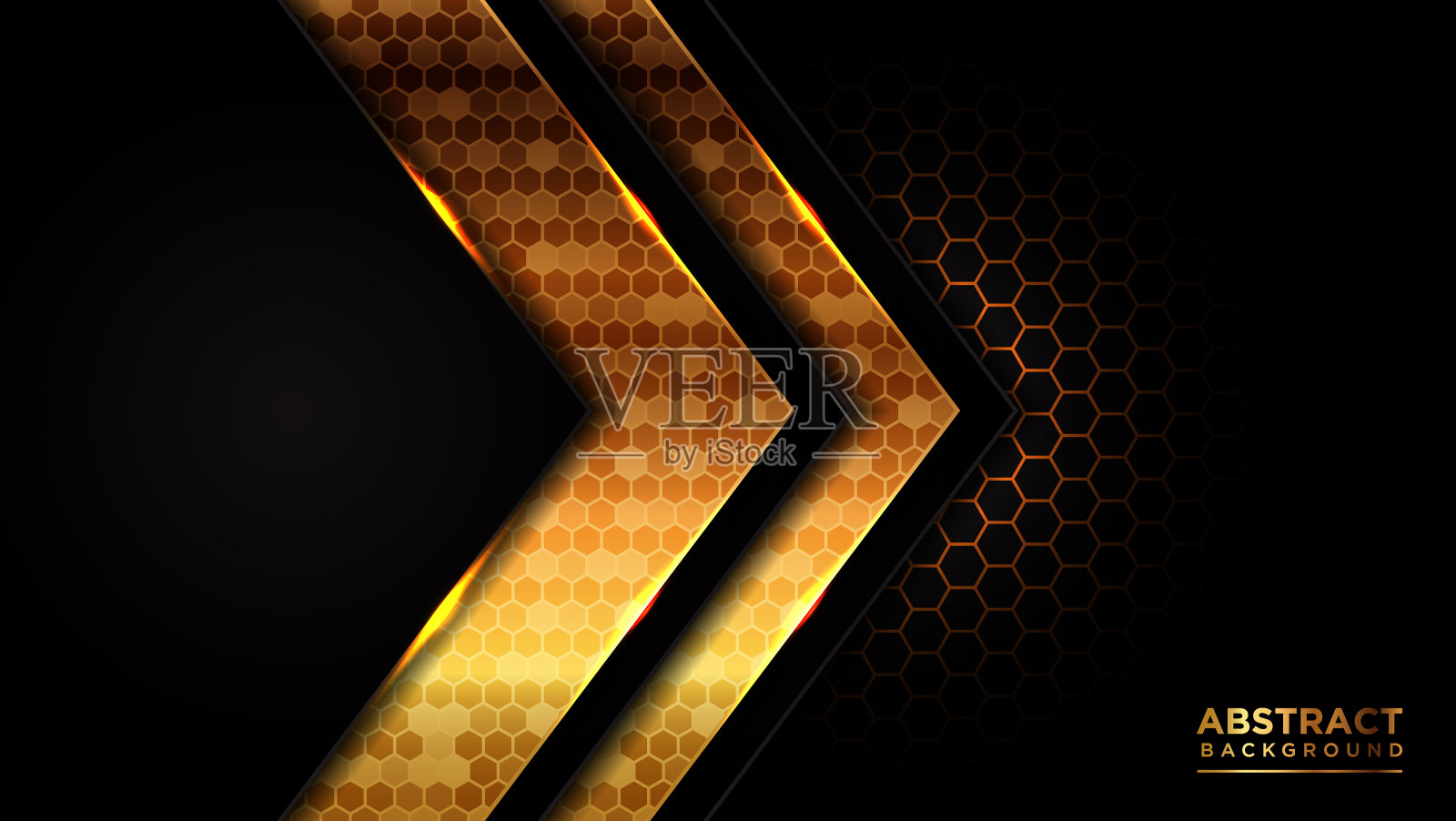 抽象现代黑暗和黄金未来主义背景。抽象的金六边形图案。插画图片素材