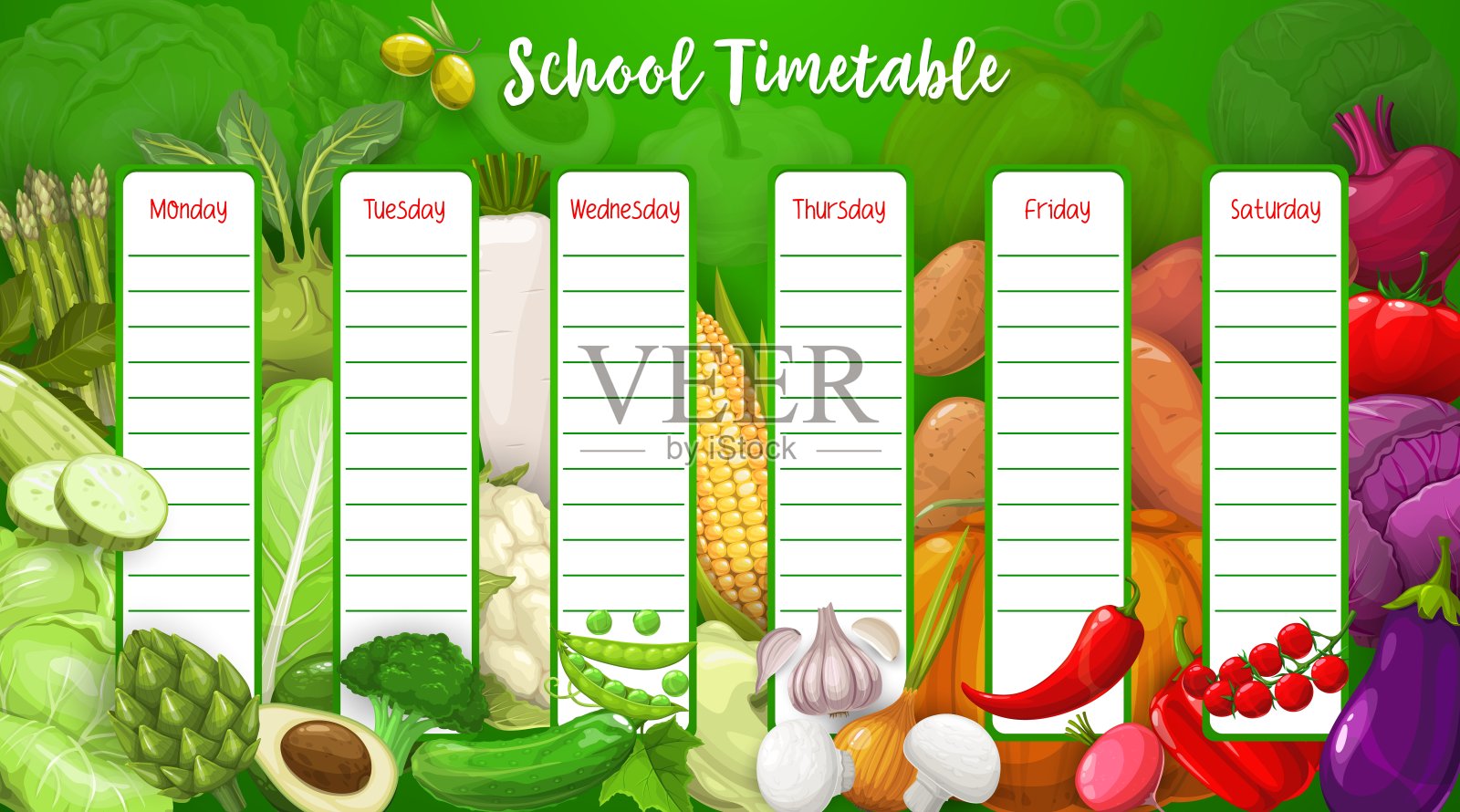 学校课程表上有蔬菜，模板插画图片素材