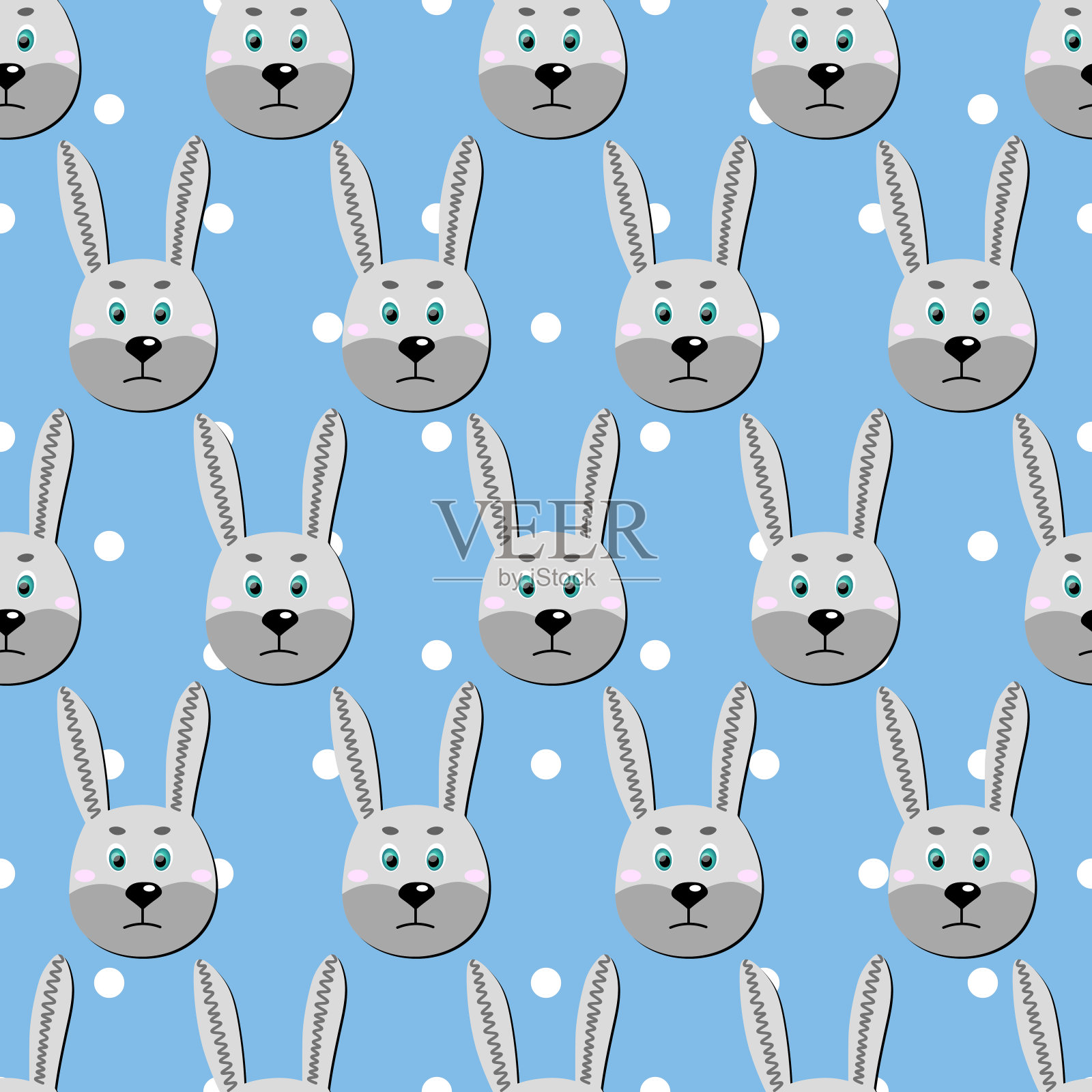矢量平面动物彩色插图的孩子。无缝图案与可爱的兔子脸在蓝色圆点背景。可爱的卡通人物。设计为卡片，海报，织物，纺织品。兔子。插画图片素材