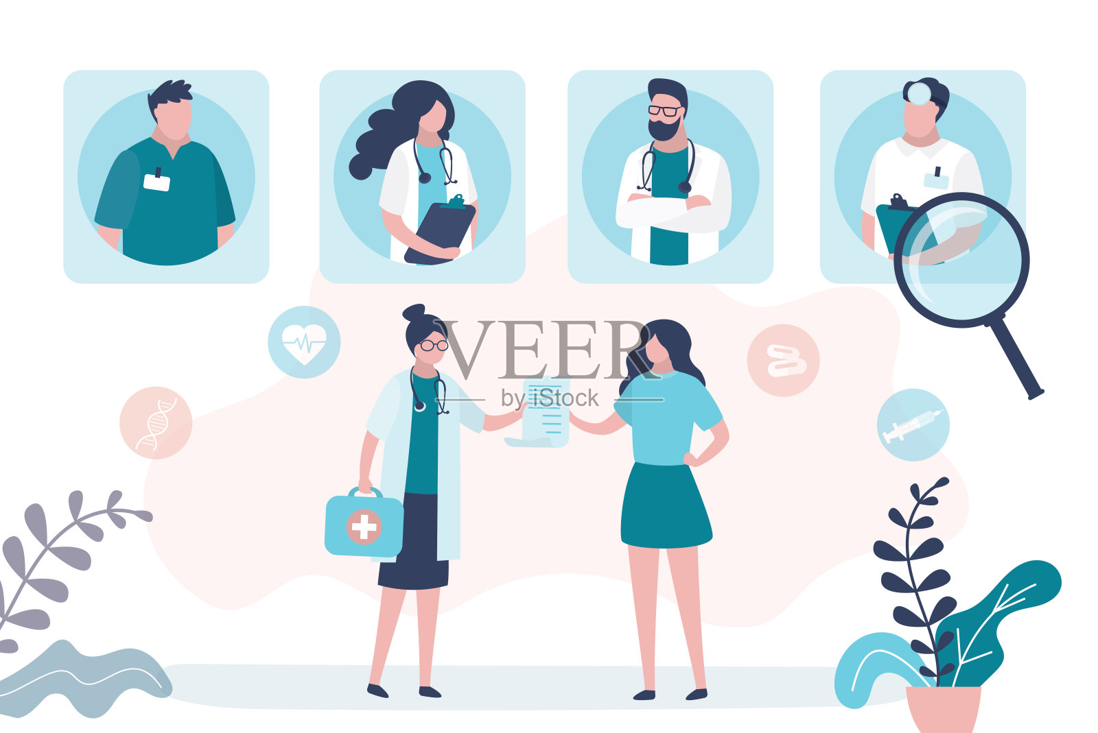 治疗师为女性患者提供指导或处方。医生团队，医护人员肖像。疾病诊断、临床检查插画图片素材