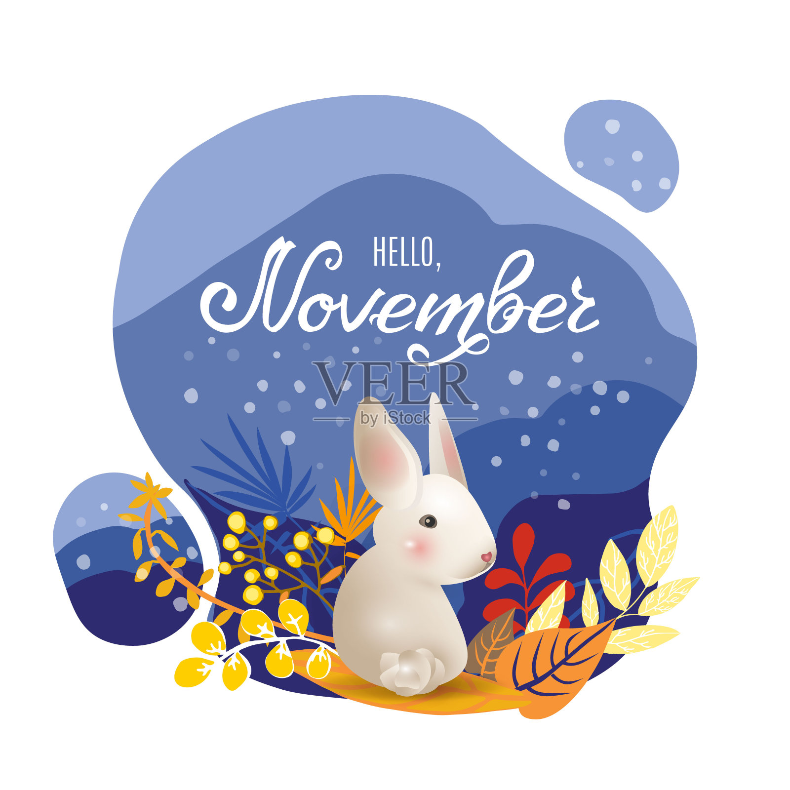 月历页与手绘文本你好十一月和可爱的人物兔子。五颜六色的落花卡或背景用白色听，黄色的秋叶、草和雪。矢量插图。设计模板素材