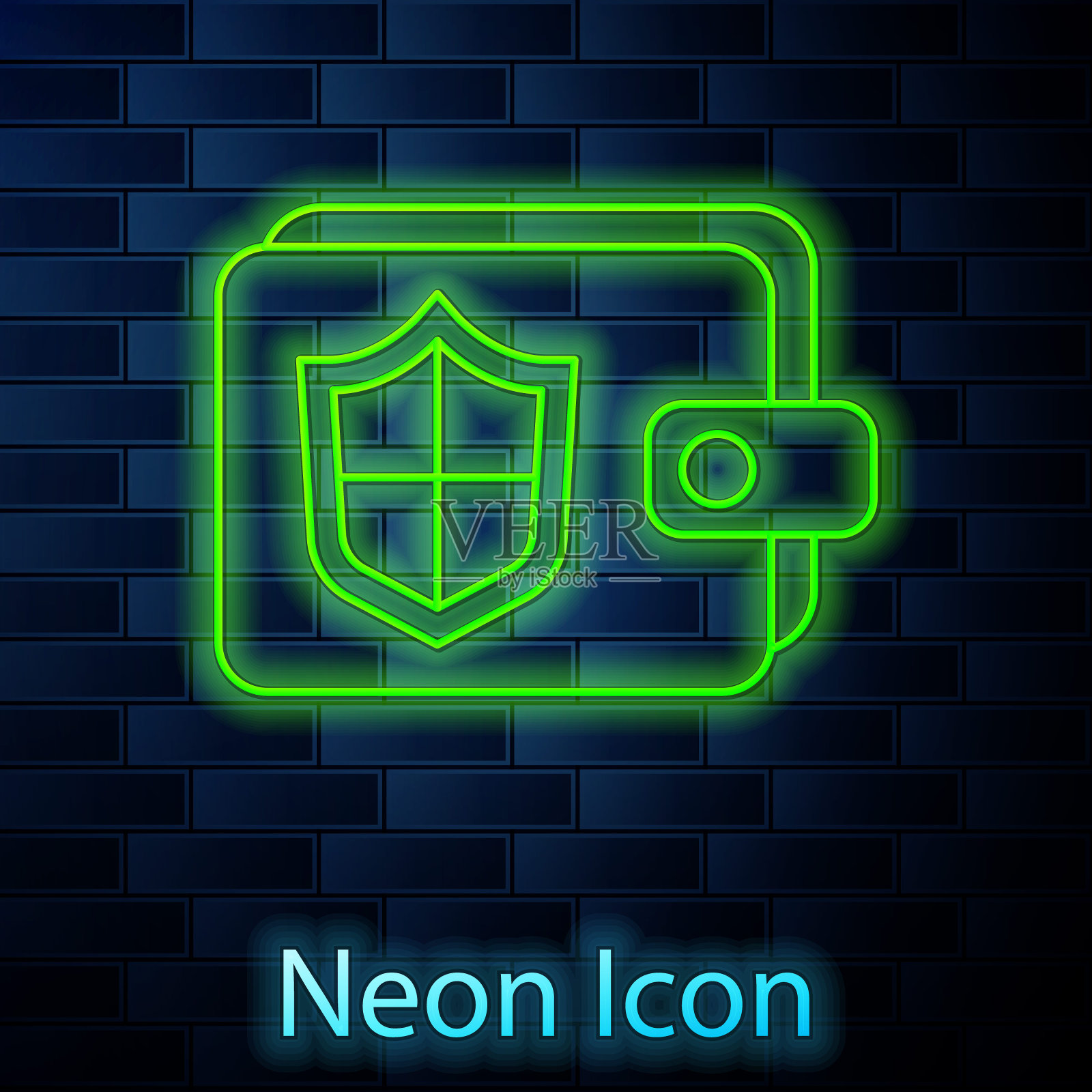 发光的霓虹灯线钱包和金钱与盾牌图标隔离在砖墙的背景。保险的概念。安全、安全、保护、保护理念。向量插画图片素材