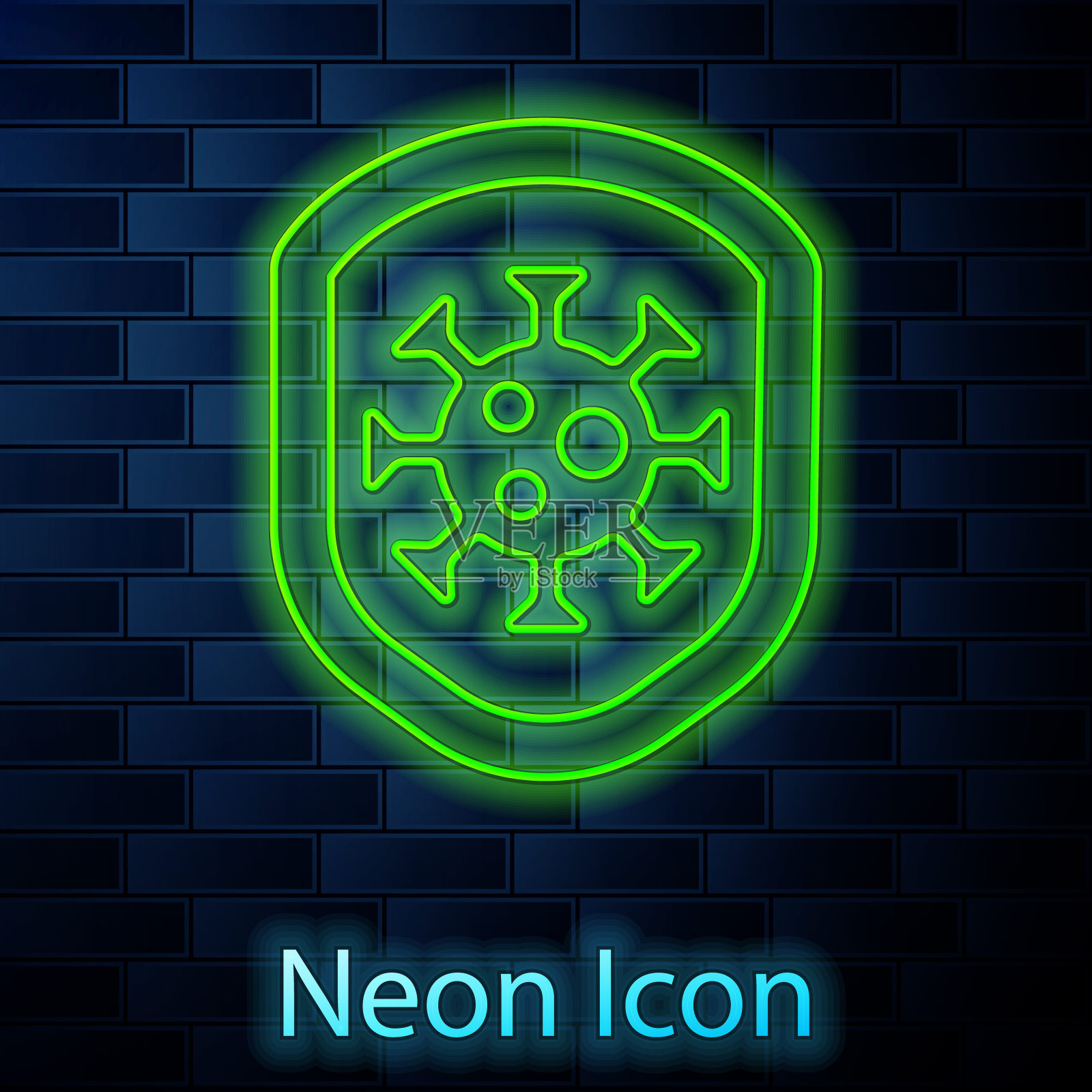 屏蔽病毒，细菌和细菌图标隔离在砖墙背景。免疫系统的概念。2019 - ncov冠状病毒。向量插画图片素材