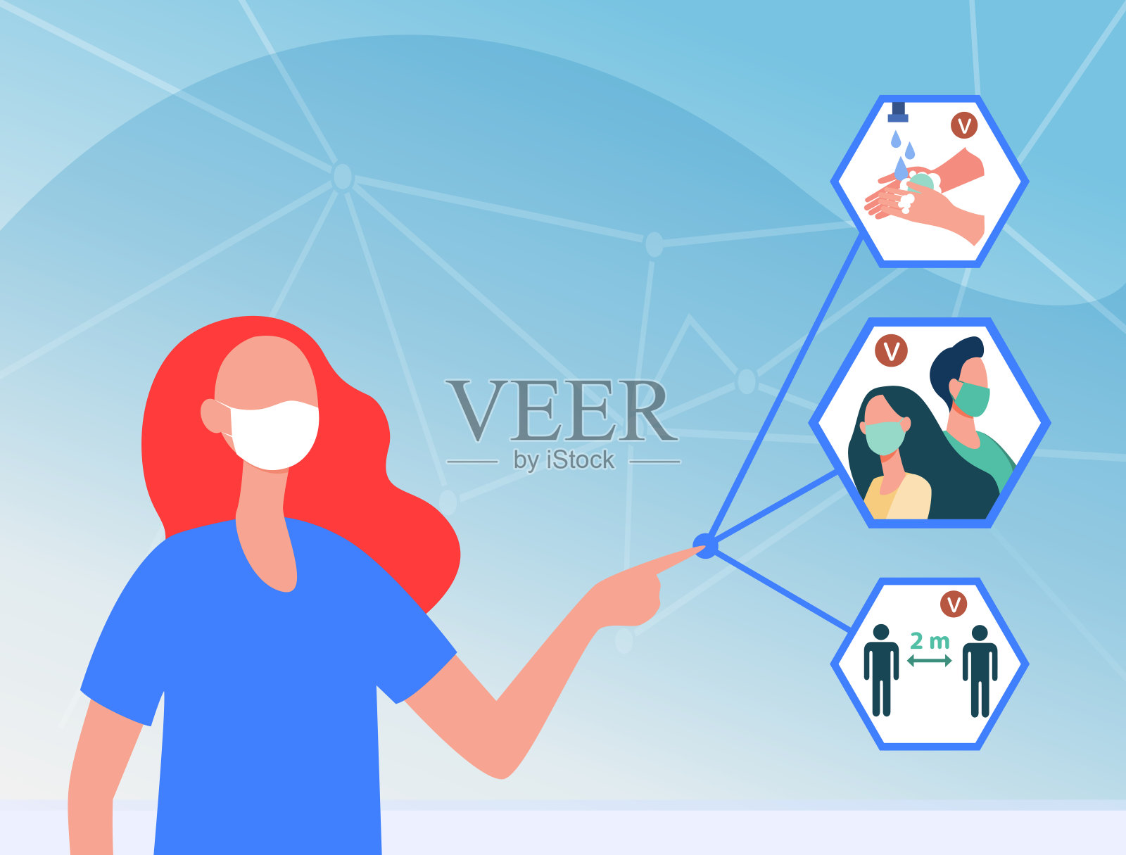 在流感大流行期间，戴口罩的护士指着防护提示插画图片素材