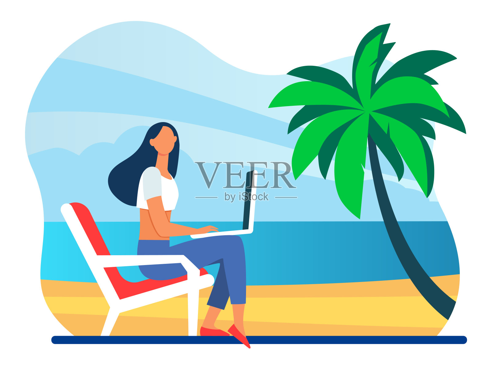 在海滩上通过笔记本电脑工作的女性自由职业者插画图片素材