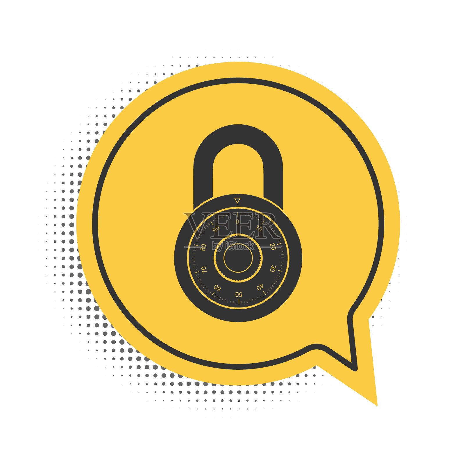 黑色安全组合锁轮图标隔离在白色背景上。组合挂锁。保护的概念。密码的信号。黄色语音气泡符号。向量插画图片素材