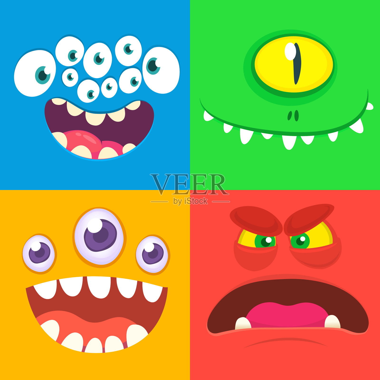 卡通怪物脸设置四个万圣节插画图片素材