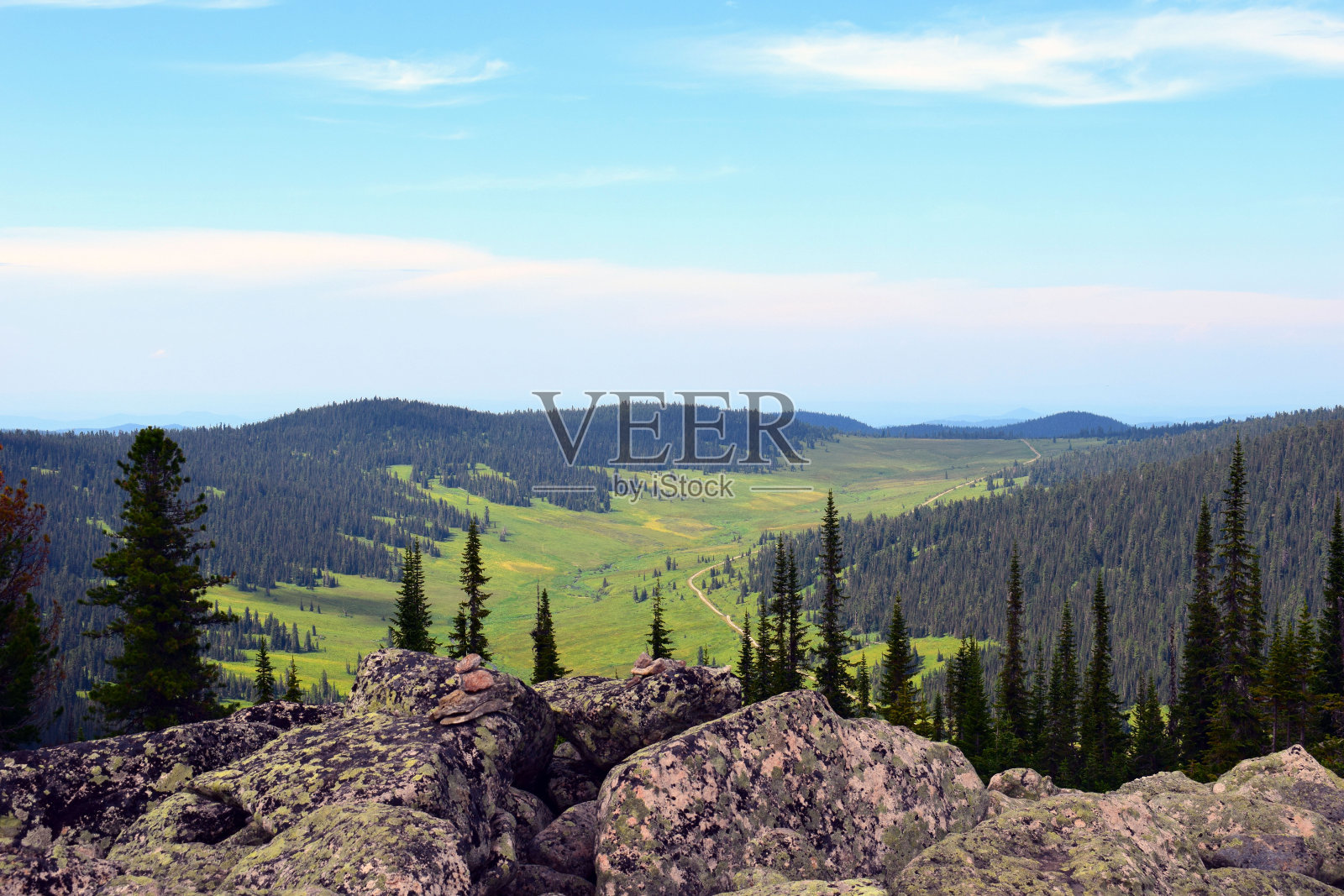 前往俄罗斯。美丽的山景。高大的冷杉。没有森林。独立的旅游。岩石地形。旅游路线。在山里远足。山上有雾。照片摄影图片