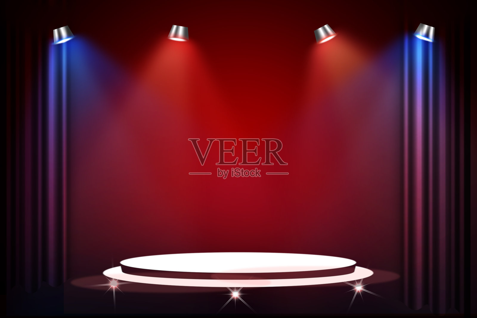 多彩的音乐会舞台剧院与泛光灯和抽象的空地板展示聚光灯在舞台背景。照片摄影图片