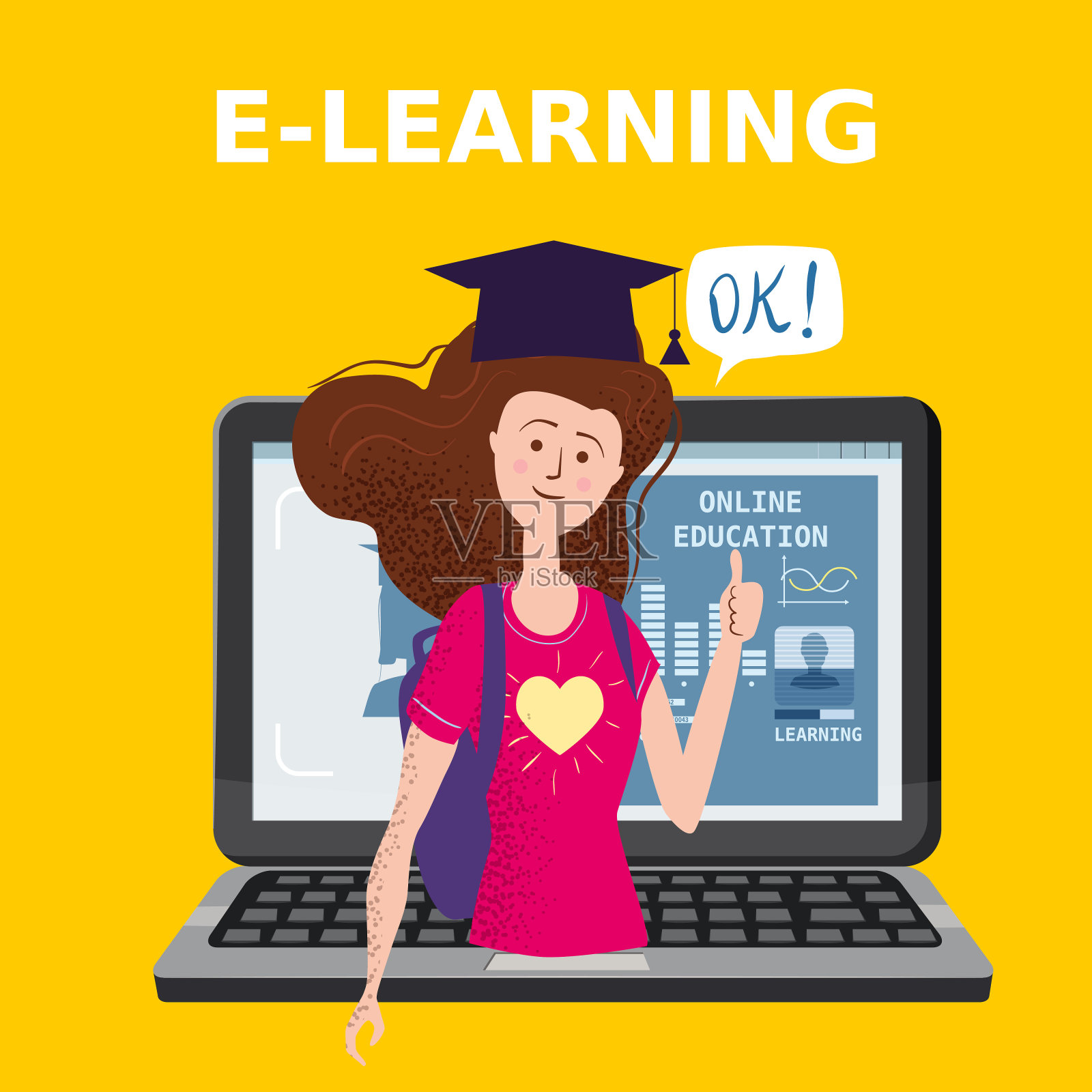 电子学习女孩用电脑和书本学习，微笑。在家在线学习、在线考试、远程学习的概念。矢量插图孤立插画图片素材