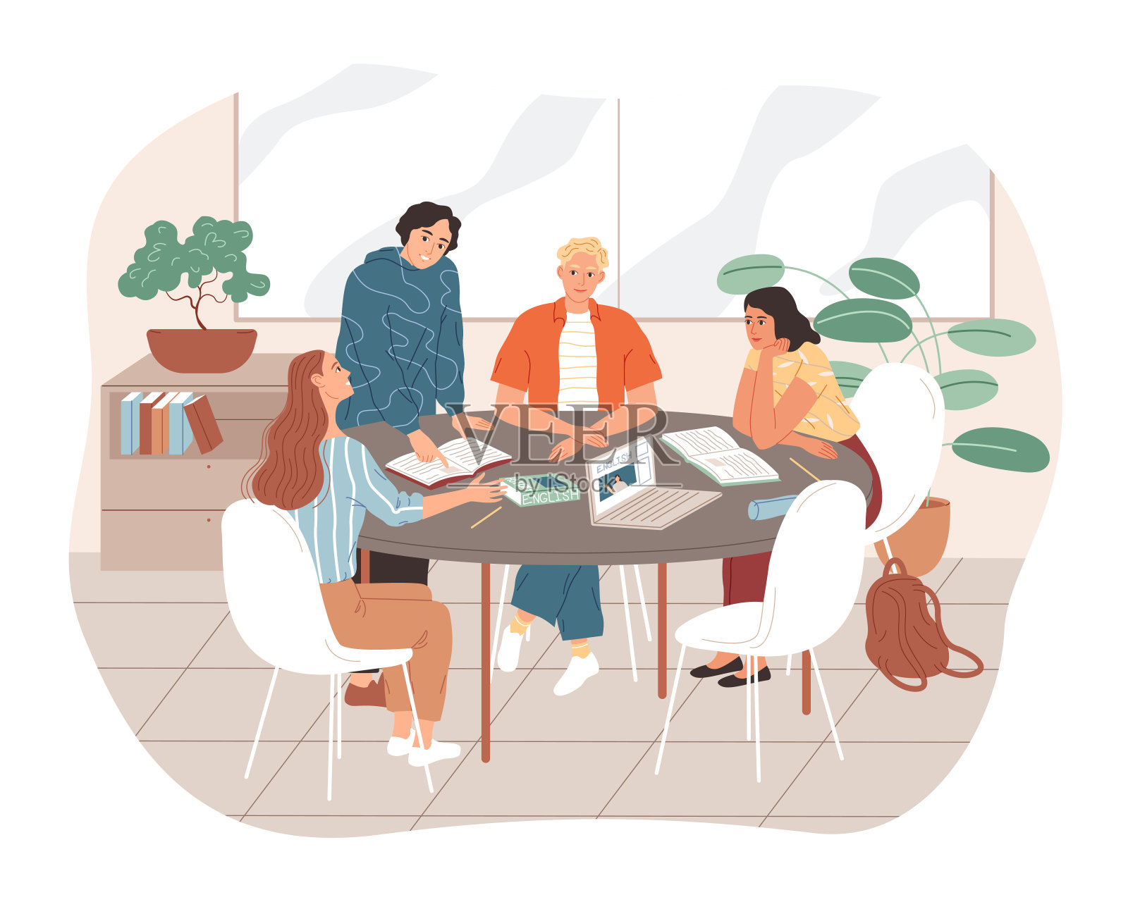 一组学生一起学习。年轻人坐在桌子旁学习。插画图片素材