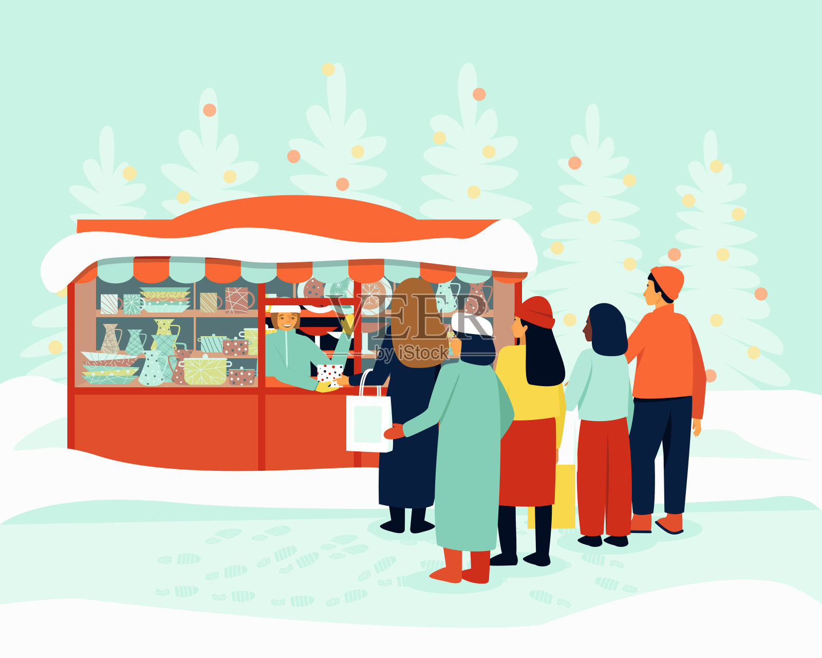 在小卖部排队买节日菜肴插画图片素材
