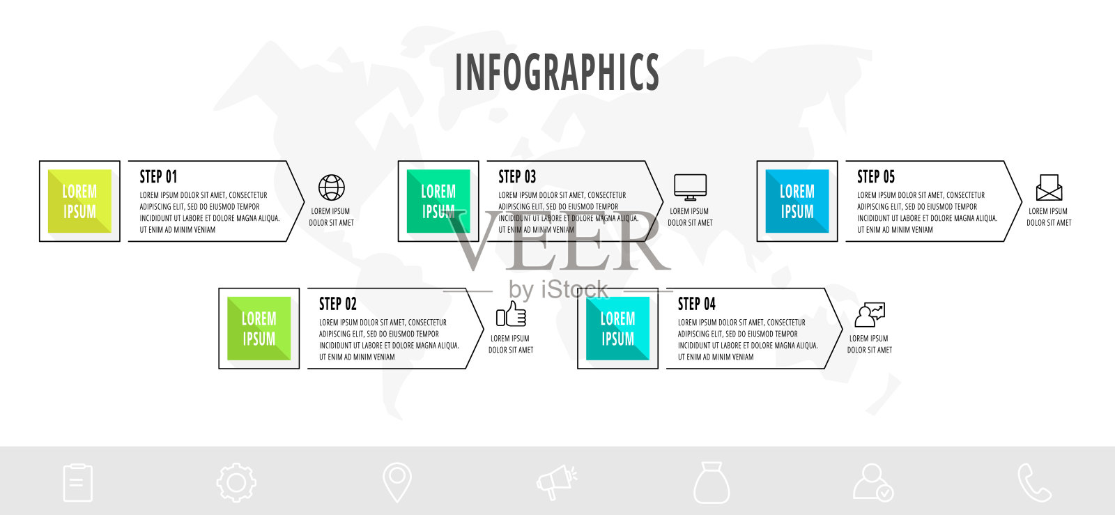 带有箭头的矢量信息图设计模板。五个步骤。现代线条概念可用于图表，业务，网页，横幅，流程图设计模板素材