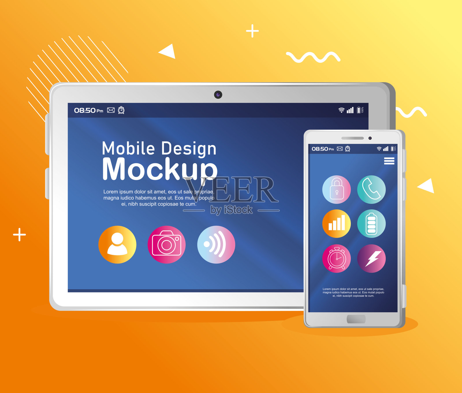 海报移动设计模型，现实的平板电脑和智能手机模型插画图片素材