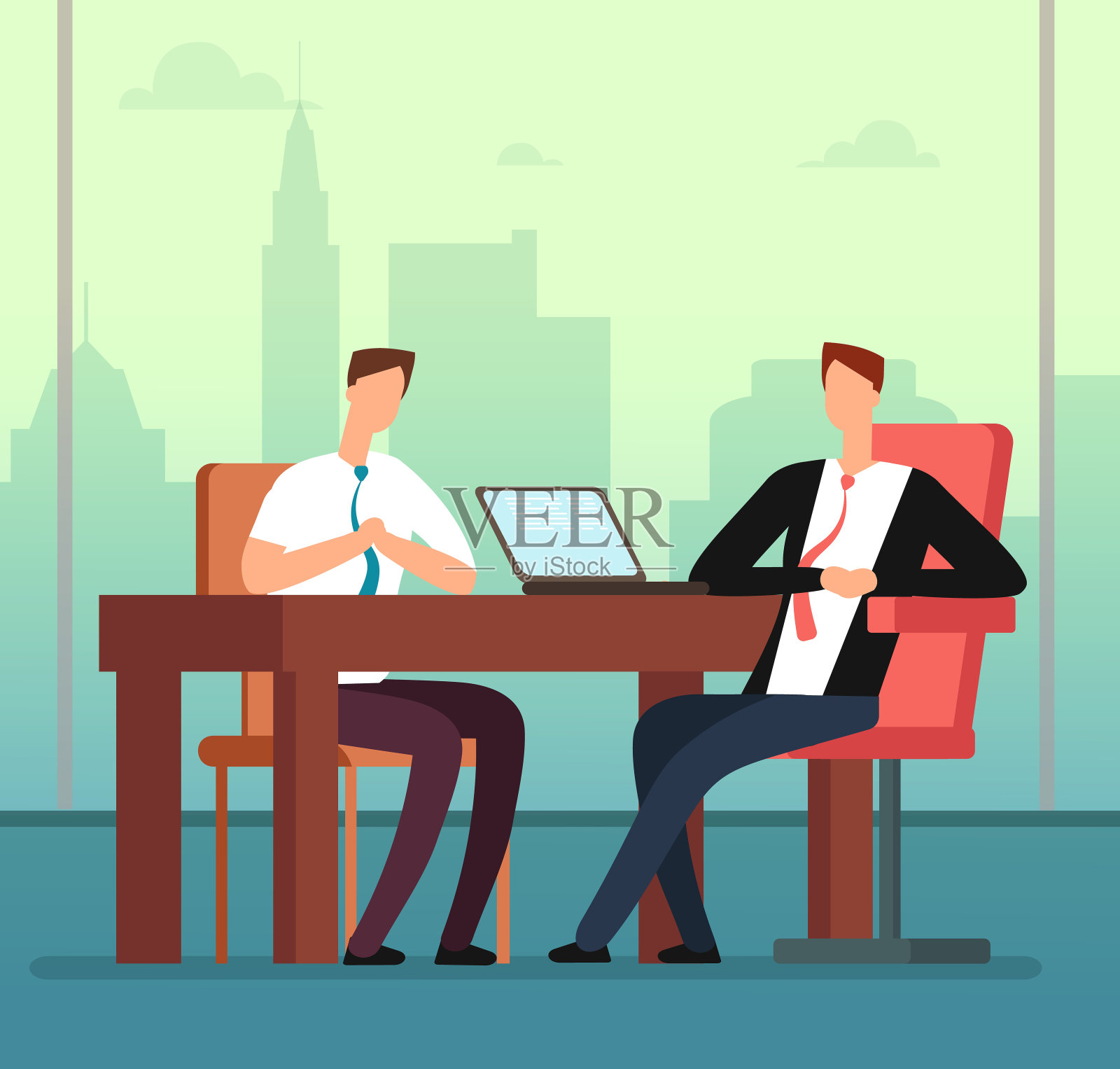 员工与面试官老板在办公室会面：招聘面试矢量卡通概念插画图片素材