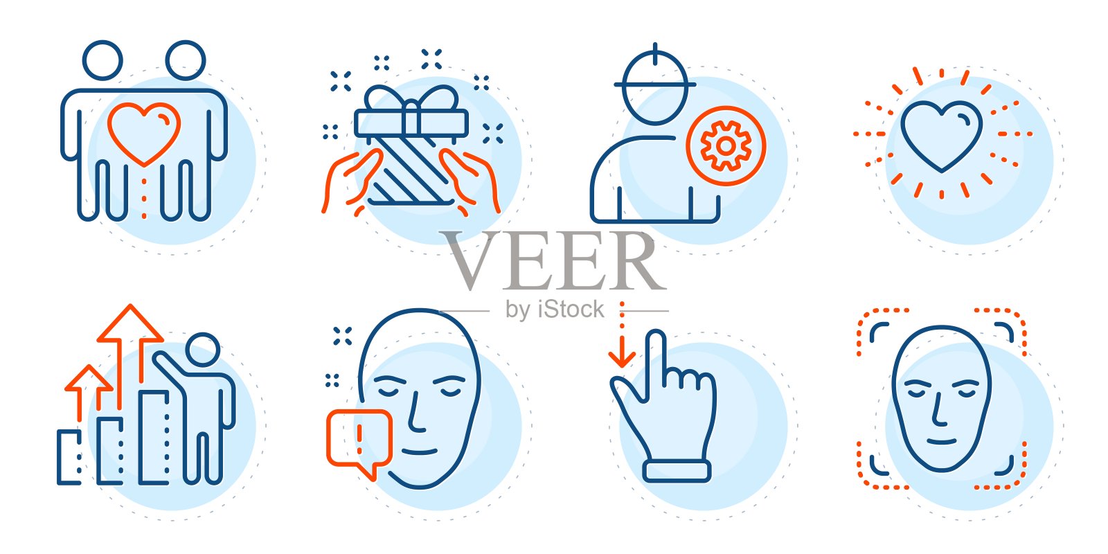 员工结果，朋友夫妇和触摸屏手势图标设置。心脏，面部注意和工程师标志。向量图标素材