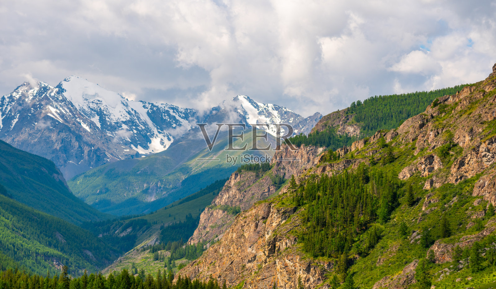 宽阔的视野的一部分积雪覆盖的岩石山与树木在前景照片摄影图片