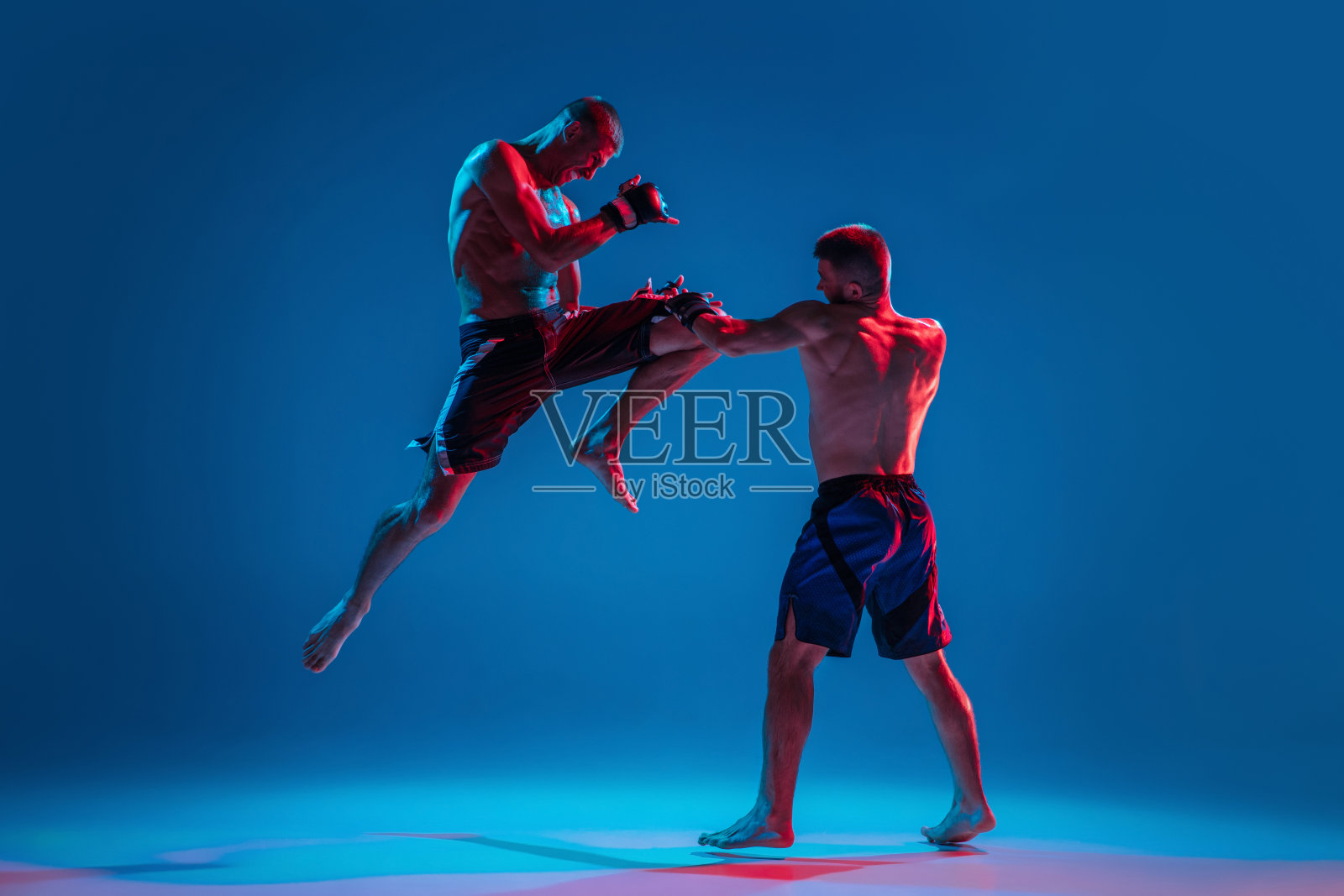 MMA。两个职业拳击手拳击或拳击孤立在蓝色的工作室背景霓虹灯照片摄影图片