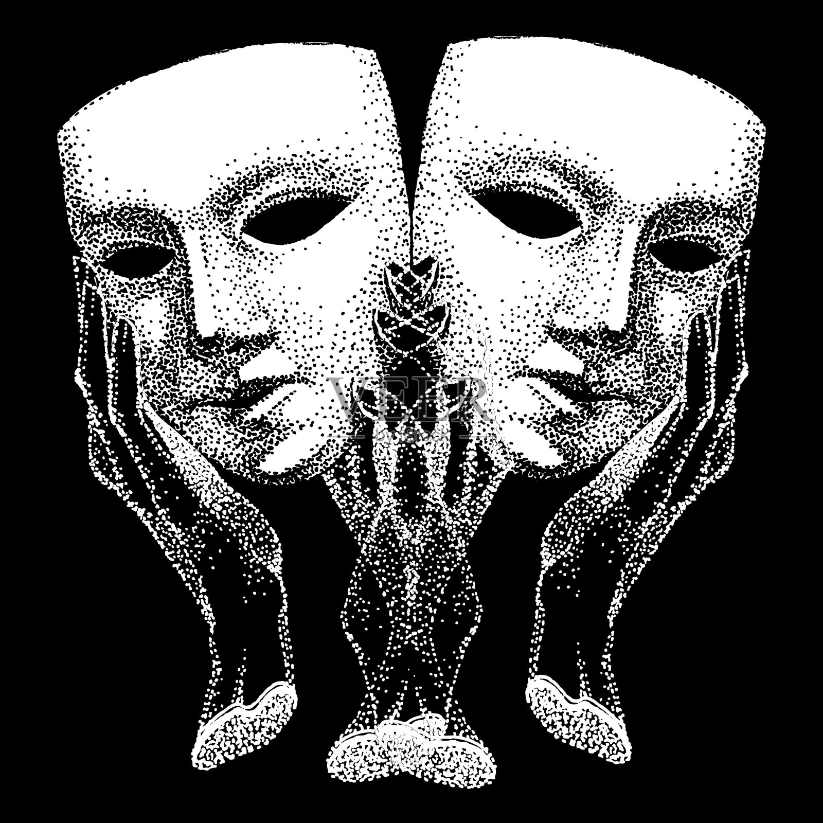 面具在手中。剧场、戏剧的象征。演员，伪君子，伪装者，骗子，许多面孔。古典戏剧的肖像。手工绘制的复古风格。插画图片素材