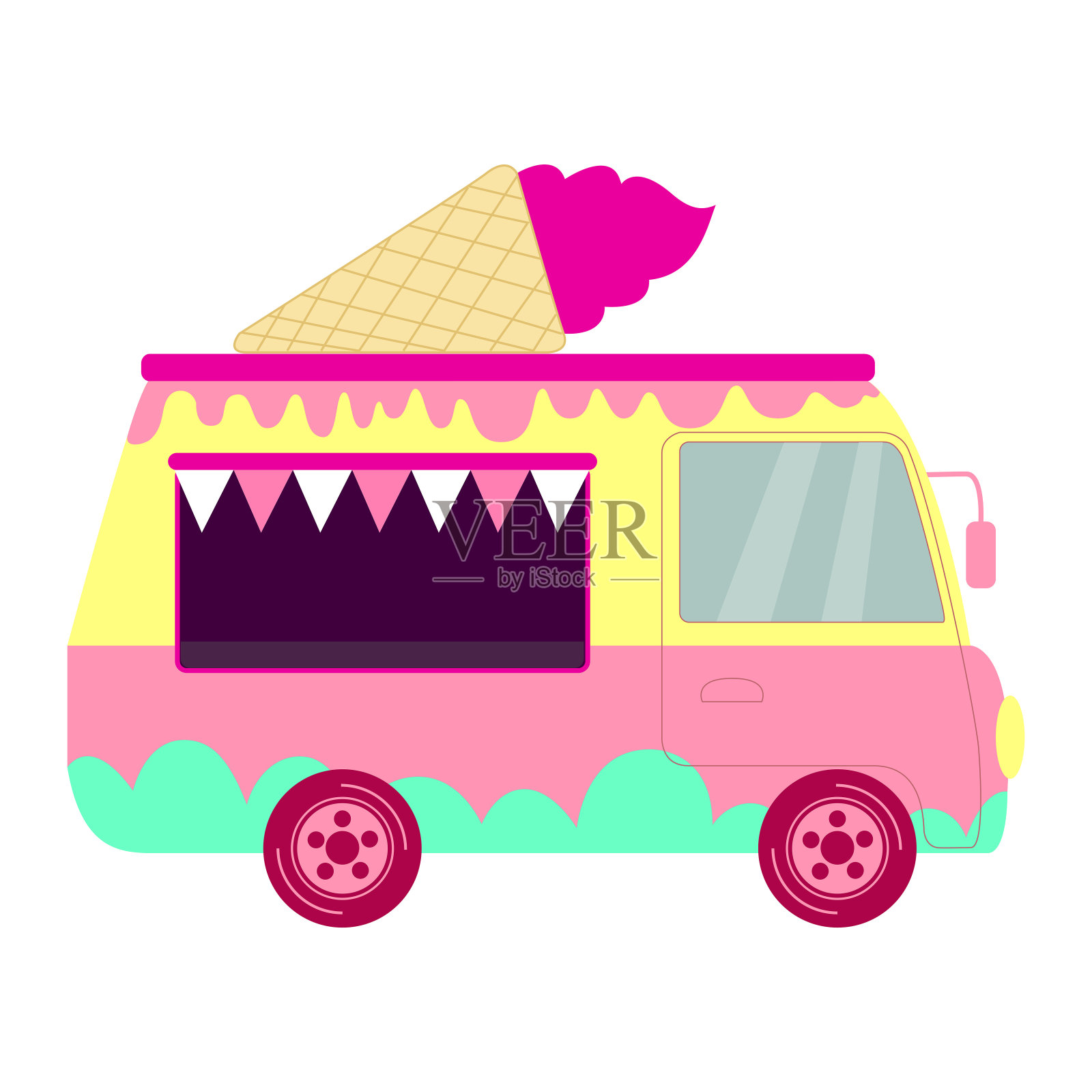 彩色可爱的卡通冰淇淋车在柔和的颜色，孤立在白色的背景。矢量插图在平面风格与甜装饰机冰淇淋。插画图片素材