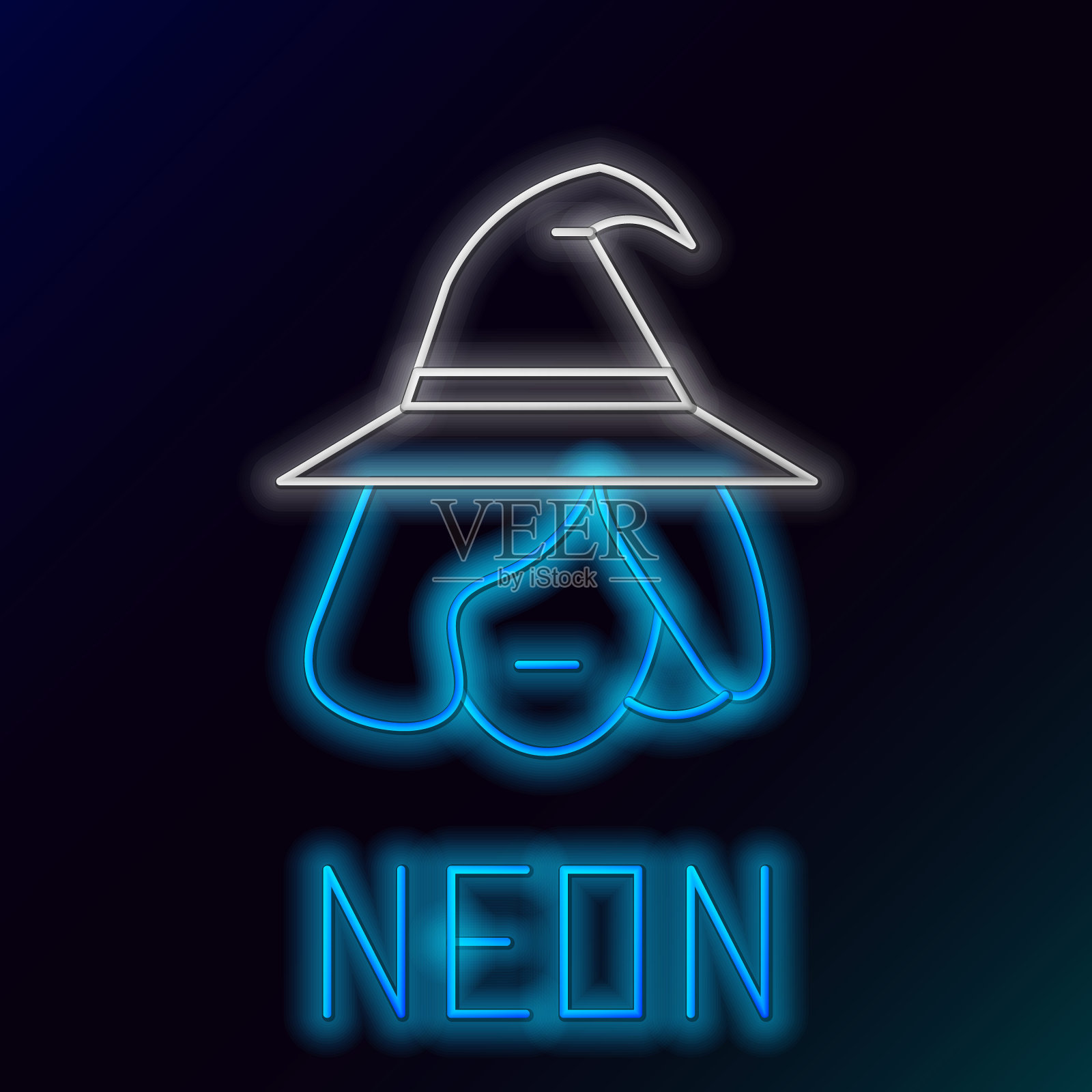 发光的霓虹灯线女巫图标隔离在黑色背景上。万圣节派对快乐。彩色轮廓概念。向量插画图片素材