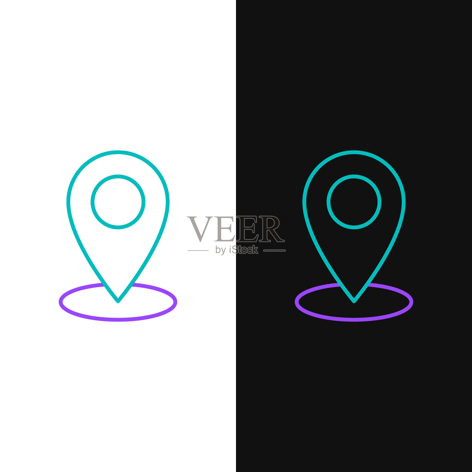 绿色和紫色线地图引脚图标隔离在白色和黑色的背景。导航，指针，位置，地图，gps，方向，地点，罗盘，接触，搜索概念。矢量图插画图片素材