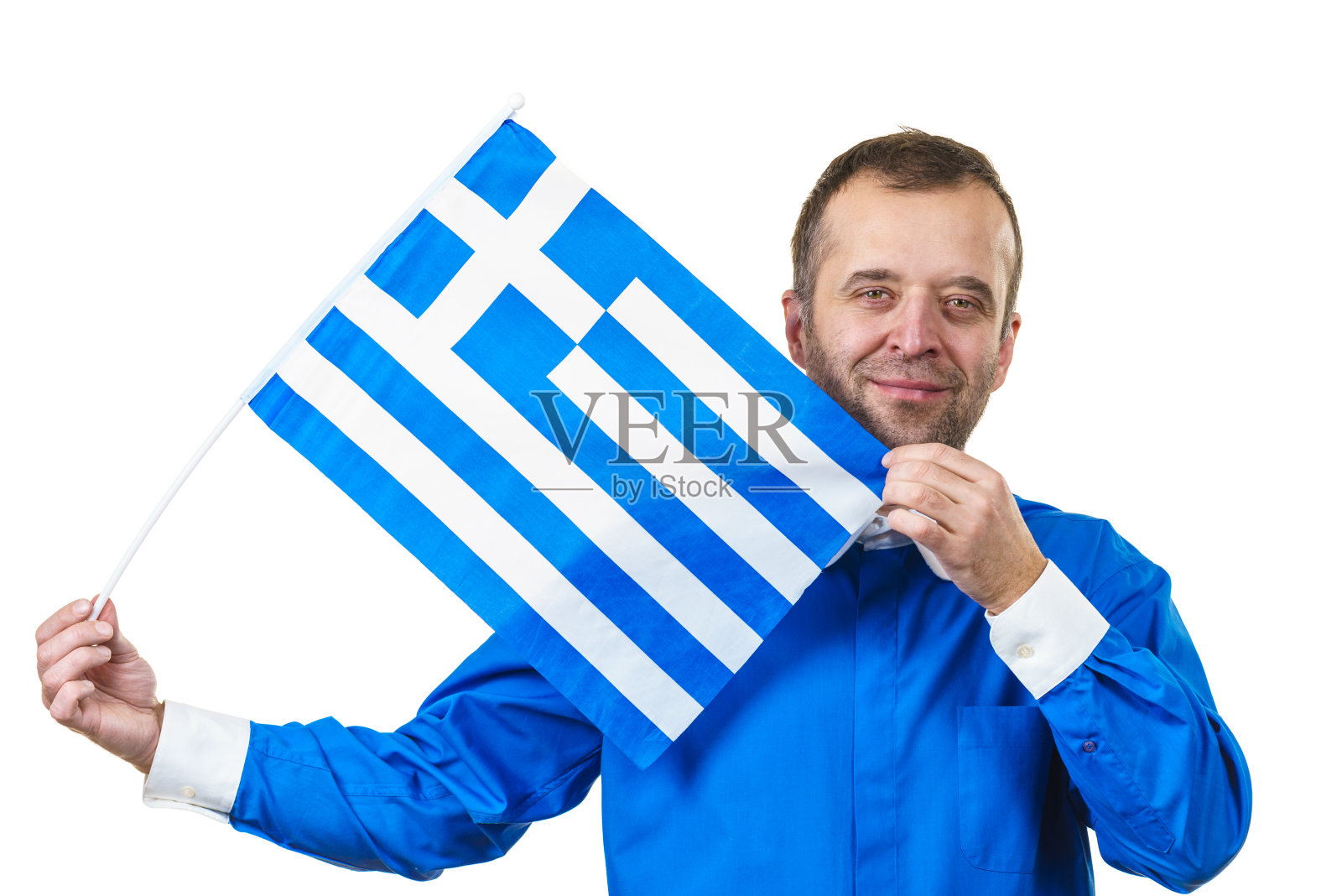 快乐的人举着希腊国旗照片摄影图片