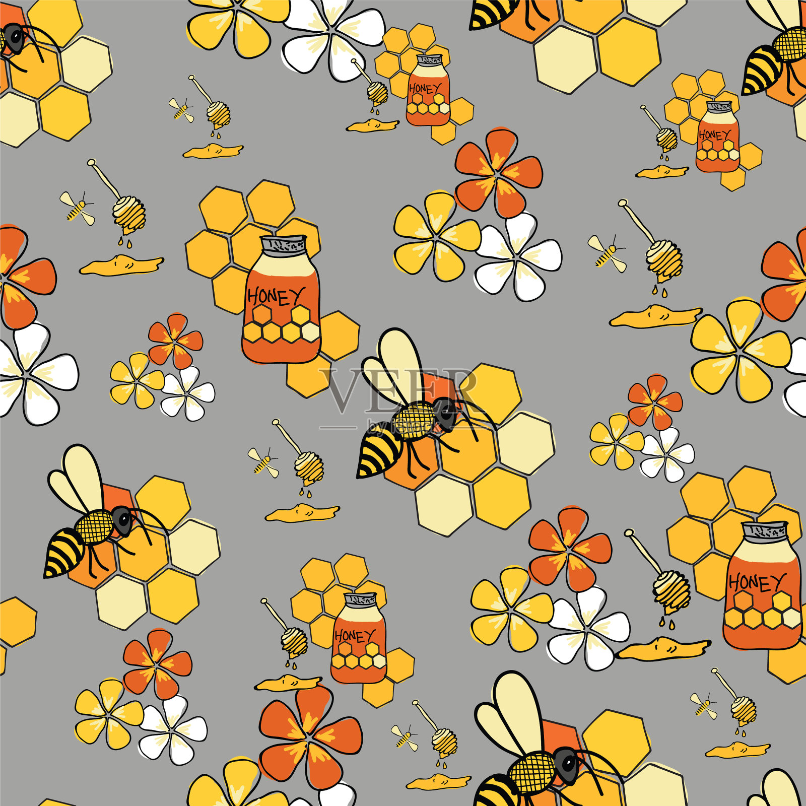 活跃的蜜蜂灰色无缝图案插画图片素材