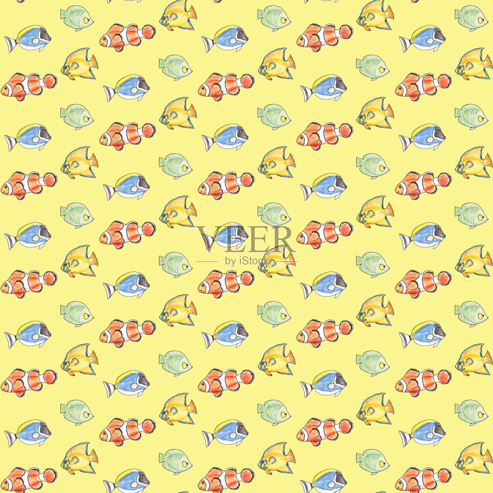 手绘无缝模式与彩色鱼在黄色的背景。插画图片素材
