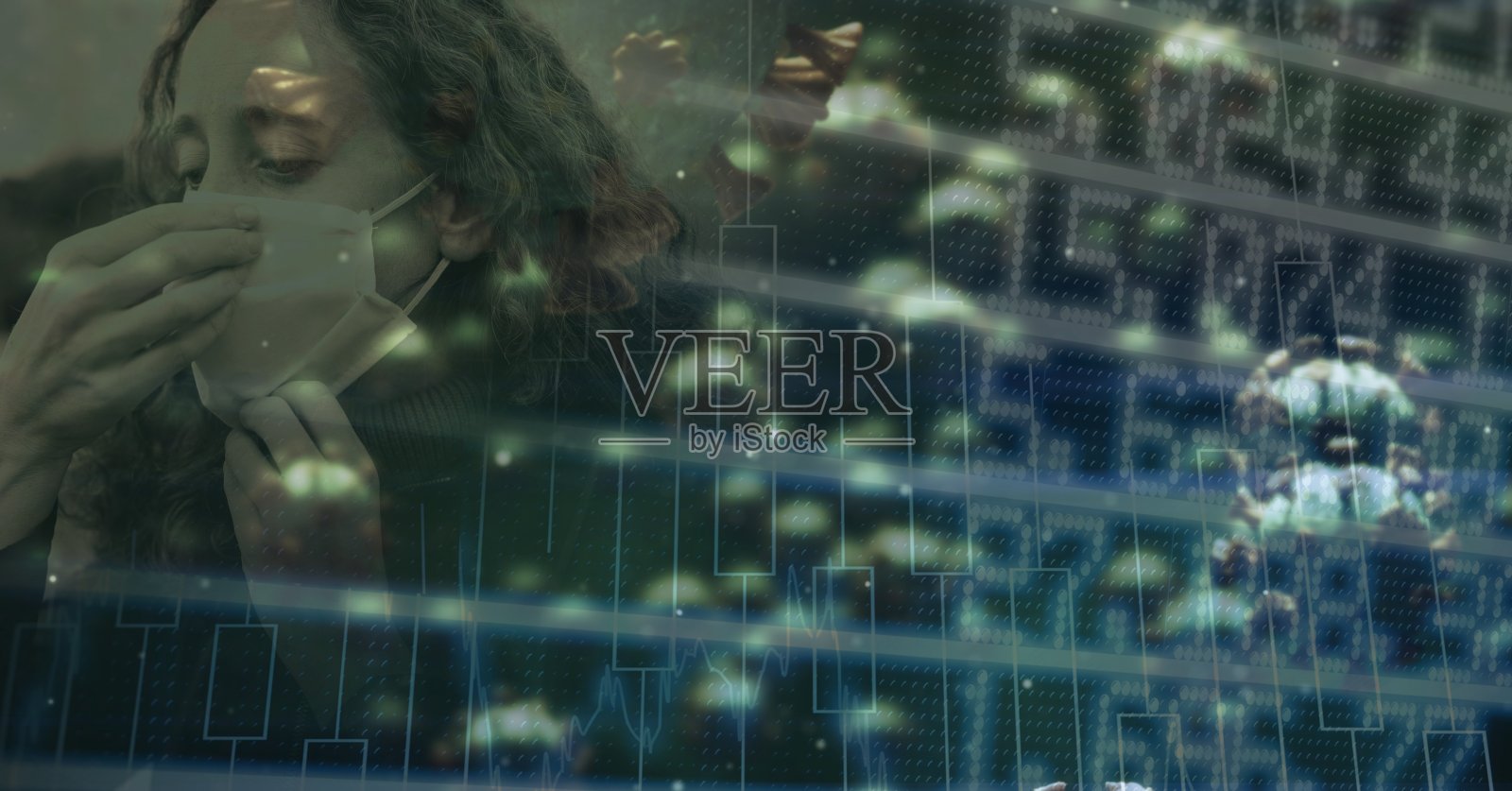 Covid-19细胞和股市数据处理对戴口罩的妇女打喷嚏照片摄影图片