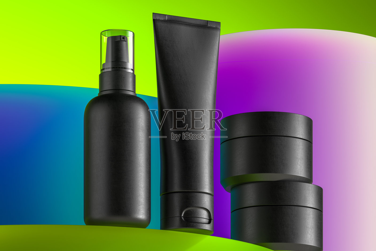 化妆品瓶。空白模板的塑料容器:分配器，奶油罐，管。3d渲染照片摄影图片
