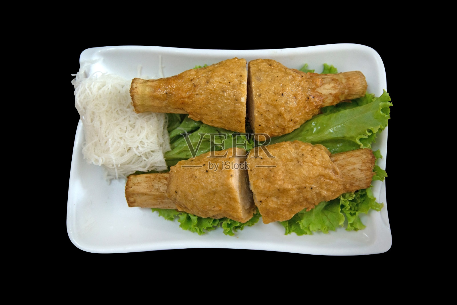 甘蔗虾仁粉条白盘，有重点有选择性照片摄影图片