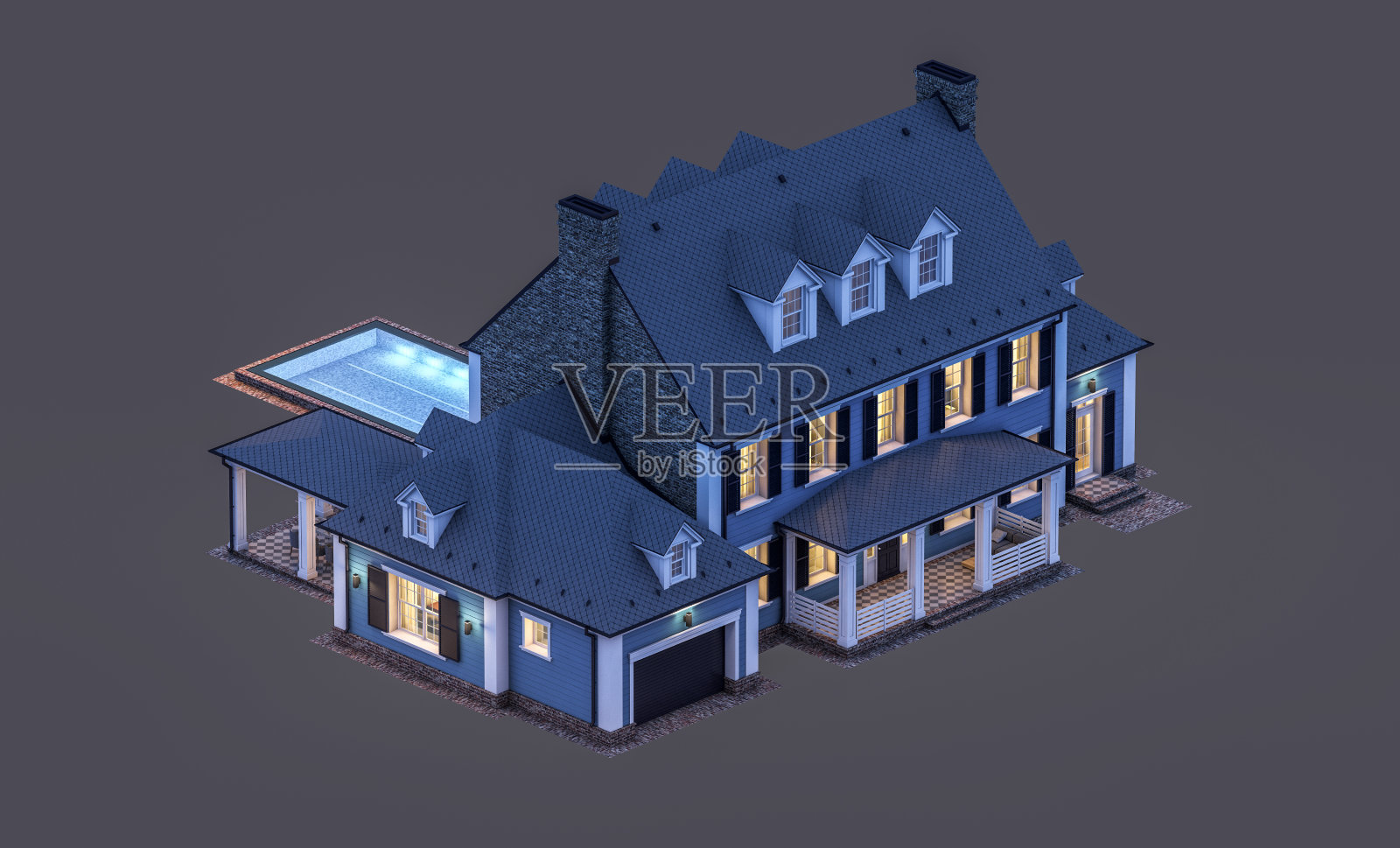 3D渲染现代殖民风格房屋夜景照片摄影图片