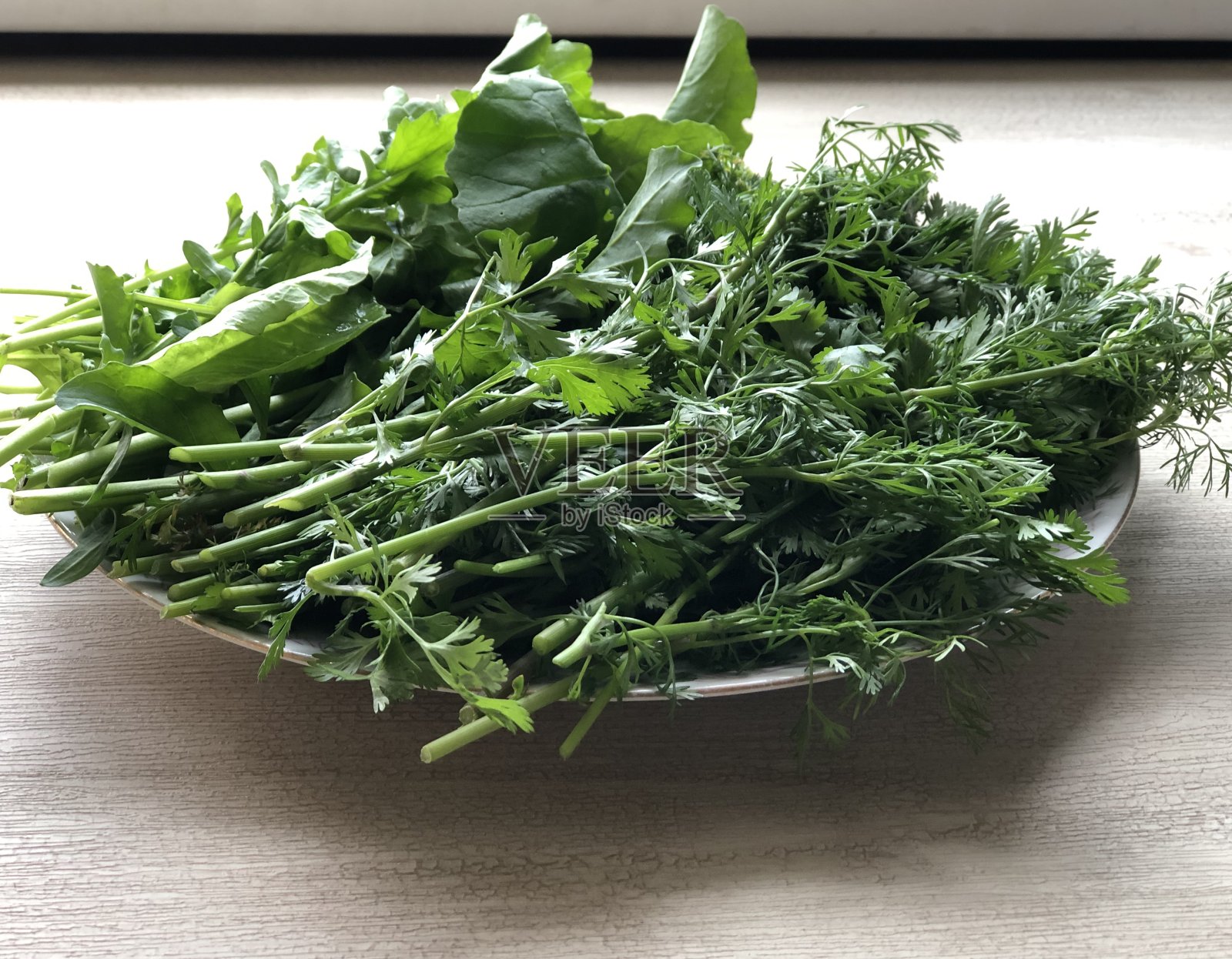 绿色植物近距离躺在盘子上——香菜和芝麻菜照片摄影图片